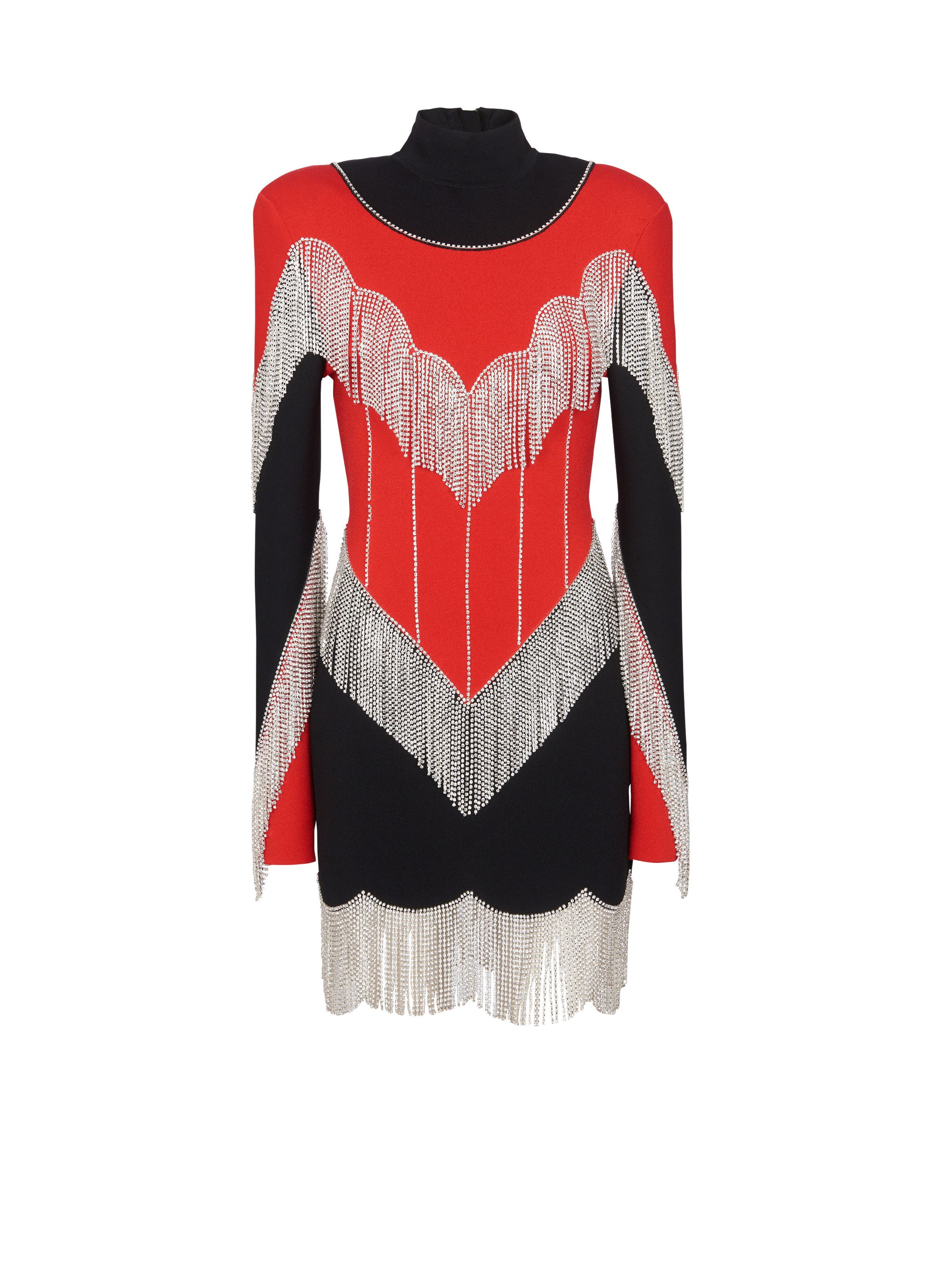 Balmain o1s1wg110825 Fringed Knit Dress in Black/Red Size XL / US 12-14 / IT 48-50 - 1 Thumbnail
