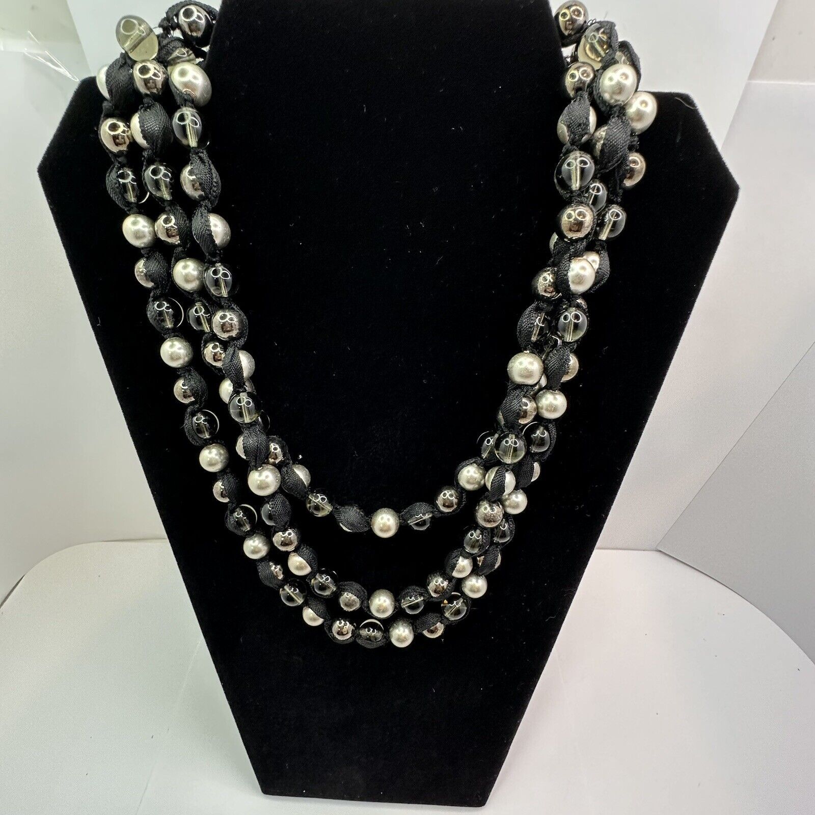 Other MultiStrand Ribbon Necklace Silver Blk Clear Glass Beads 22" Size ONE SIZE - 4 Thumbnail