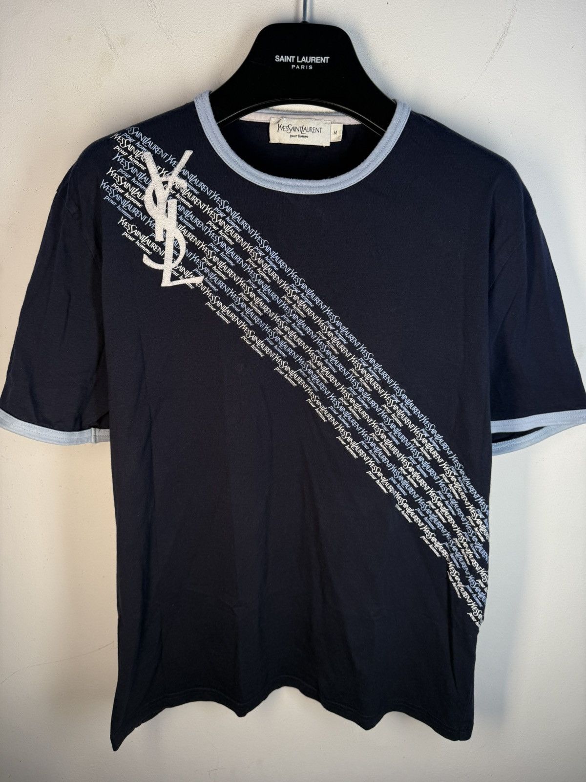 Yves Saint Laurent Navy YSL T-shirt Big Logo YSL Shirt Size US M / EU 48-50 / 2 - 2 Thumbnail