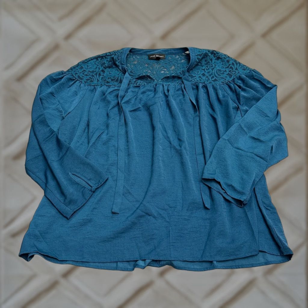 Vintage Lane Bryant Blouse Tunic Womens 18 Teal Blue Lace Long Sleeve Tie Front Casual Shirt Size XXL / US 16-18 / IT 52-54 - 1 Thumbnail