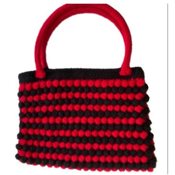Crochet Purse Handbag Popcorn Stitch Red and Black 14