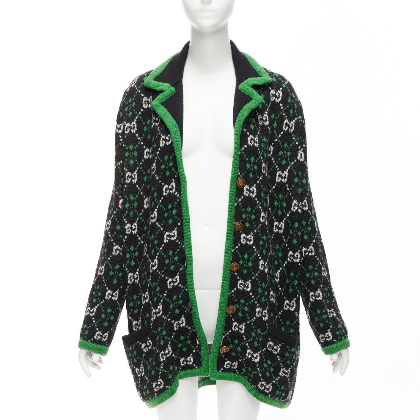 Gucci GUCCI 2018 white black GG monogram alpaca wool green trim knit coat S Size S / US 4 / IT 40 - 1 Thumbnail