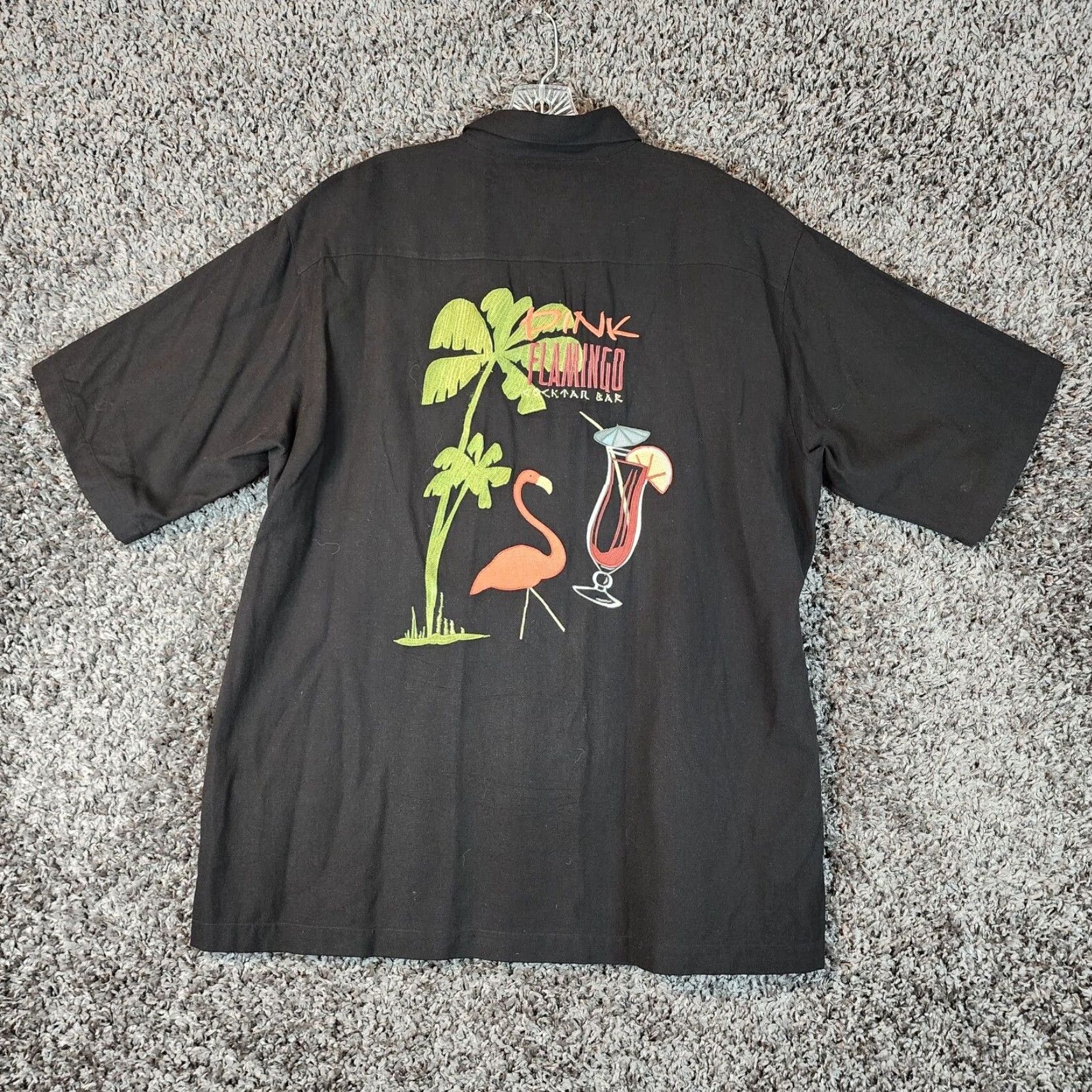 Pinko Caribbean Shirt Men L Silk Black Short Sleeve Pink Flamingo Button Up Mens Size US 33 - 5 Thumbnail