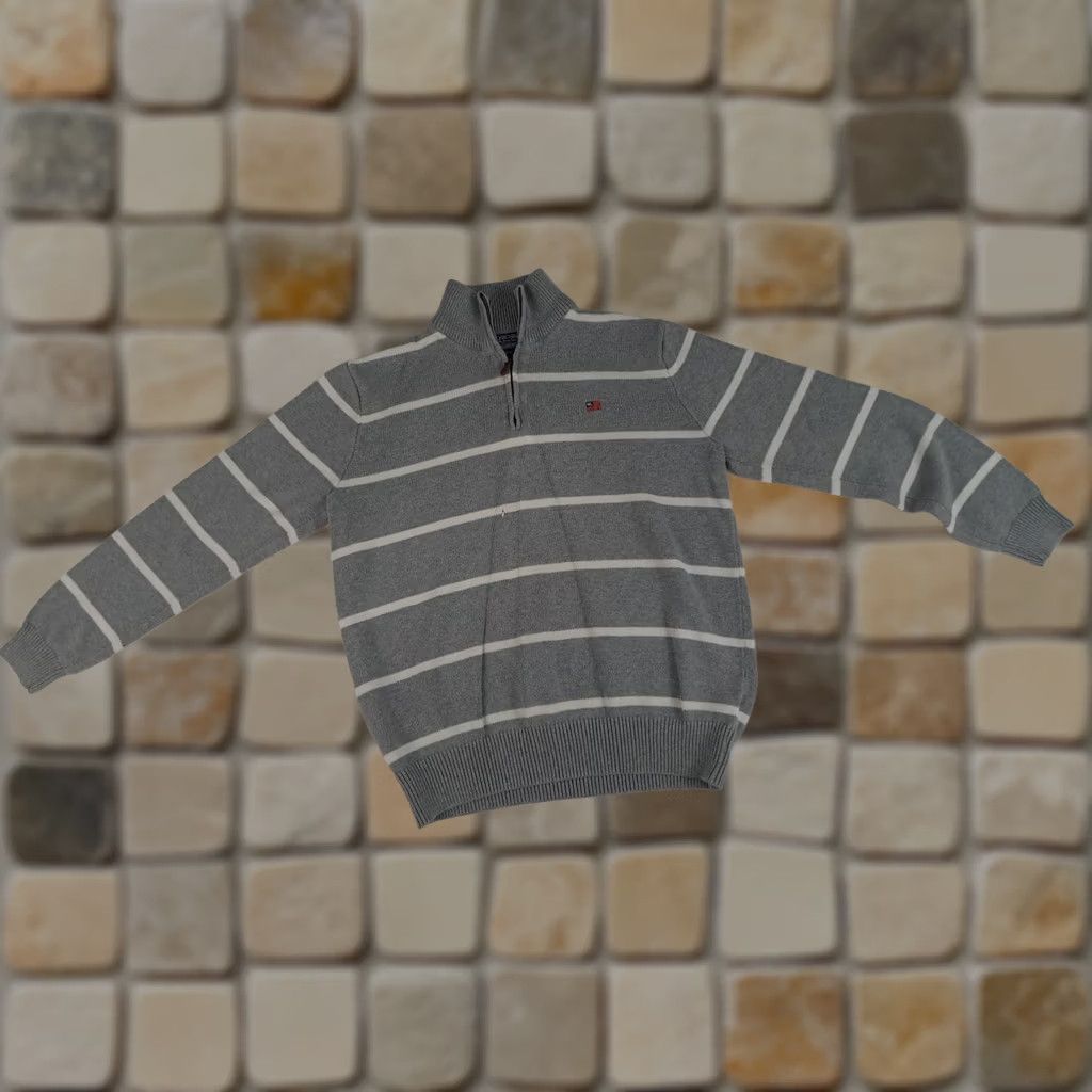 Ralph Lauren VINTAGE Ralph Lauren Jeans Company 1/4 Zip Polo Sweater Grey Striped Knit Long Sleeve Mens M Regular Pullover Size US M / EU 48-50 / 2 - 1 Thumbnail