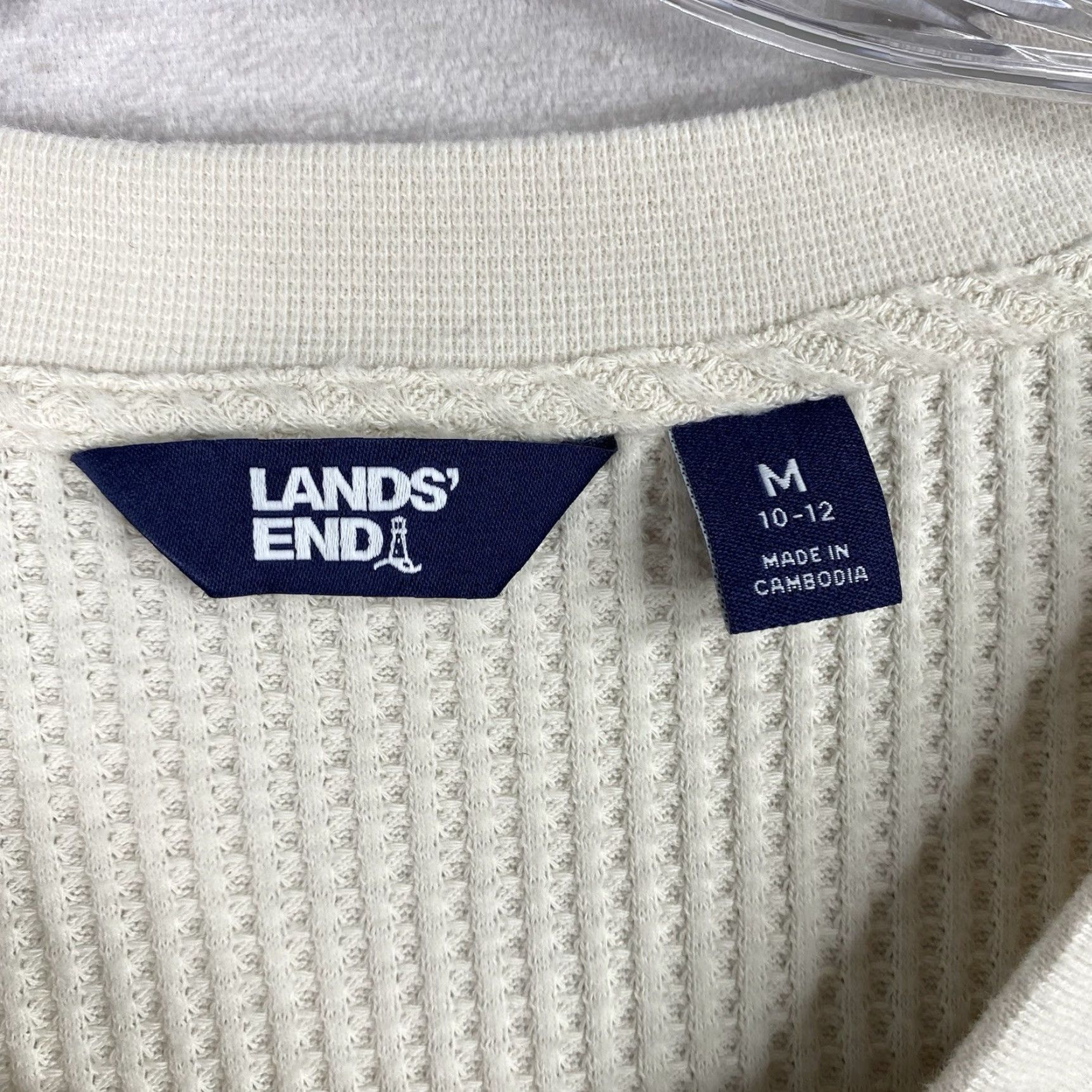 Lands' End Lands' End Top Womens M Cream Pullover Thermal Waffle Knit Lace Up Medium Weight Shirt Adult M Ivory Classic Casual 90s? Size M / US 6-8 / IT 42-44 - 3 Thumbnail