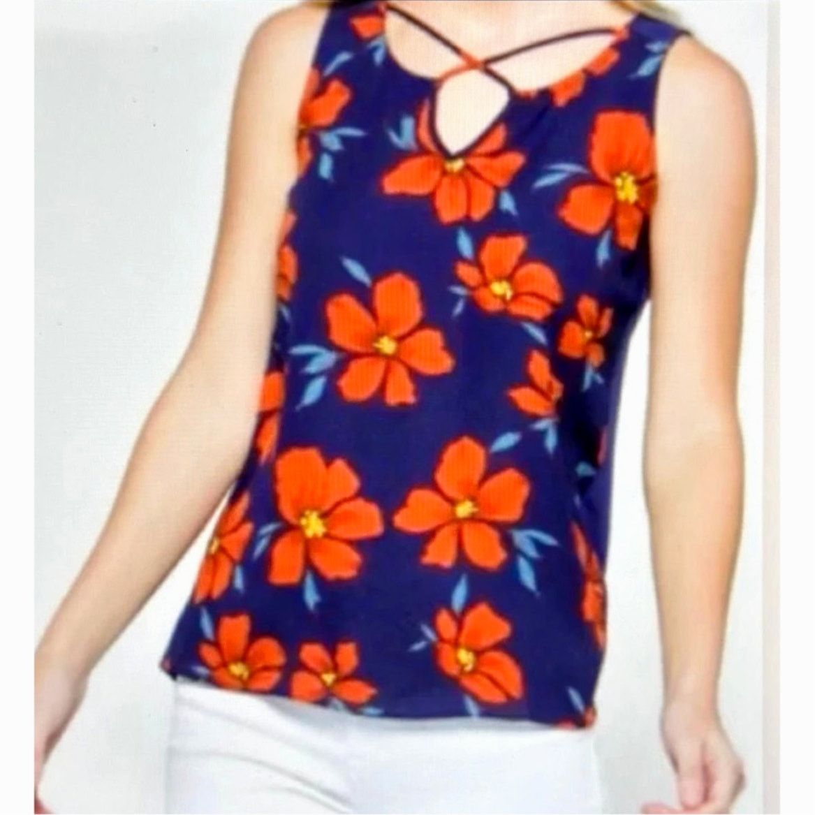Other Fortune + Ivy Kason Split Neck Sleeveless Blouse Blue Red L Size L / US 10 / IT 46 - 3 Thumbnail