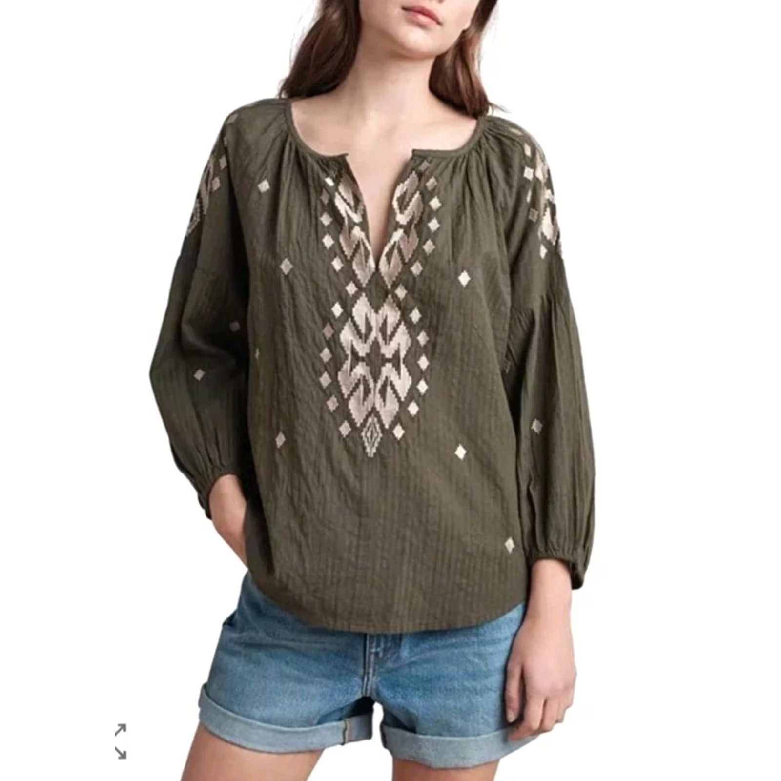 Velvet V Velvet by Graham & Spencer Blouse XS Embroidered Puff Sleeve 100% Cotton Green Womens Peasant Shirt XS Size XS / US 0-2 / IT 36-38 - 2 Thumbnail