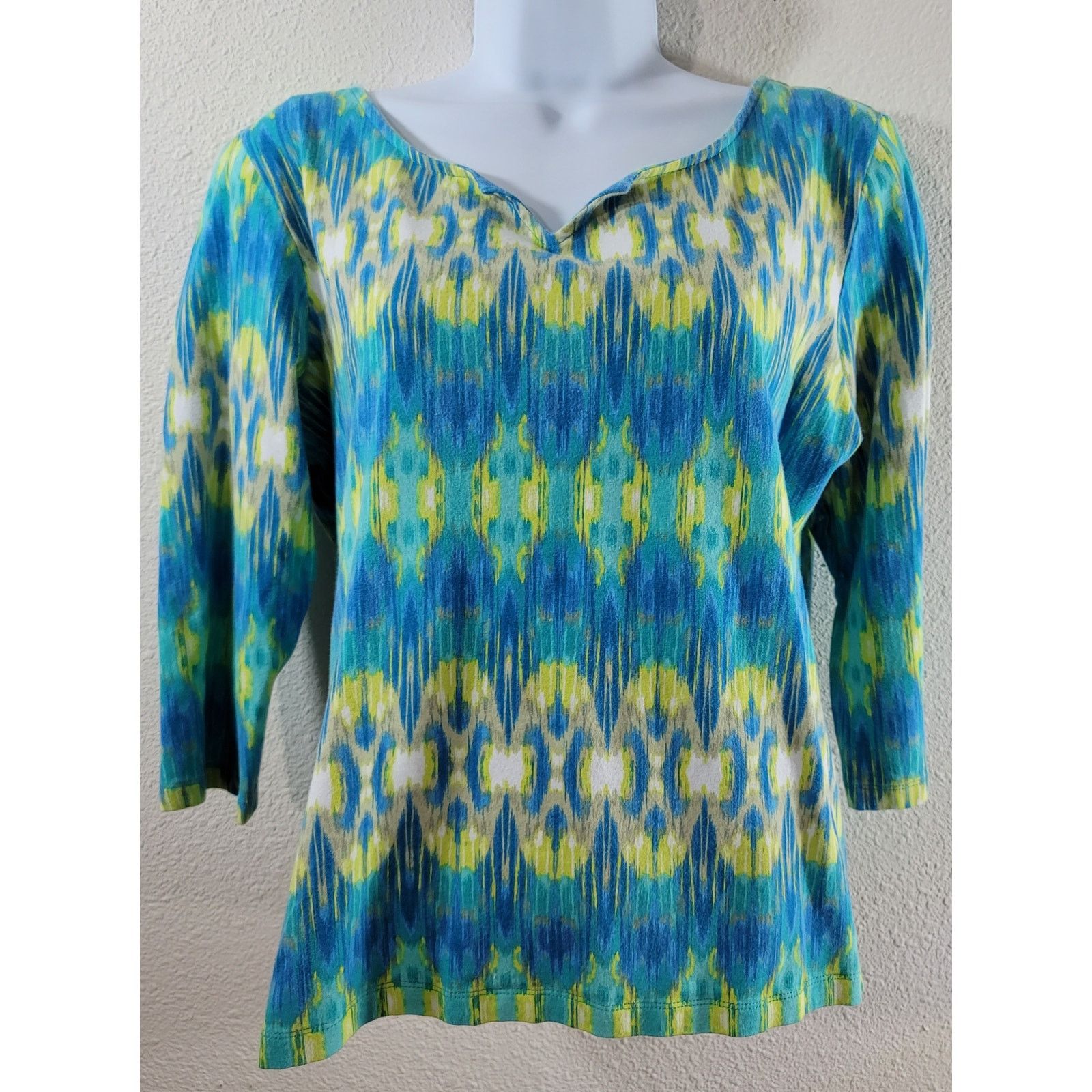 Other Ruby Rd. Blue Yellow White Abstract Print V Neck Top Large Size L / US 10 / IT 46 - 1 Thumbnail