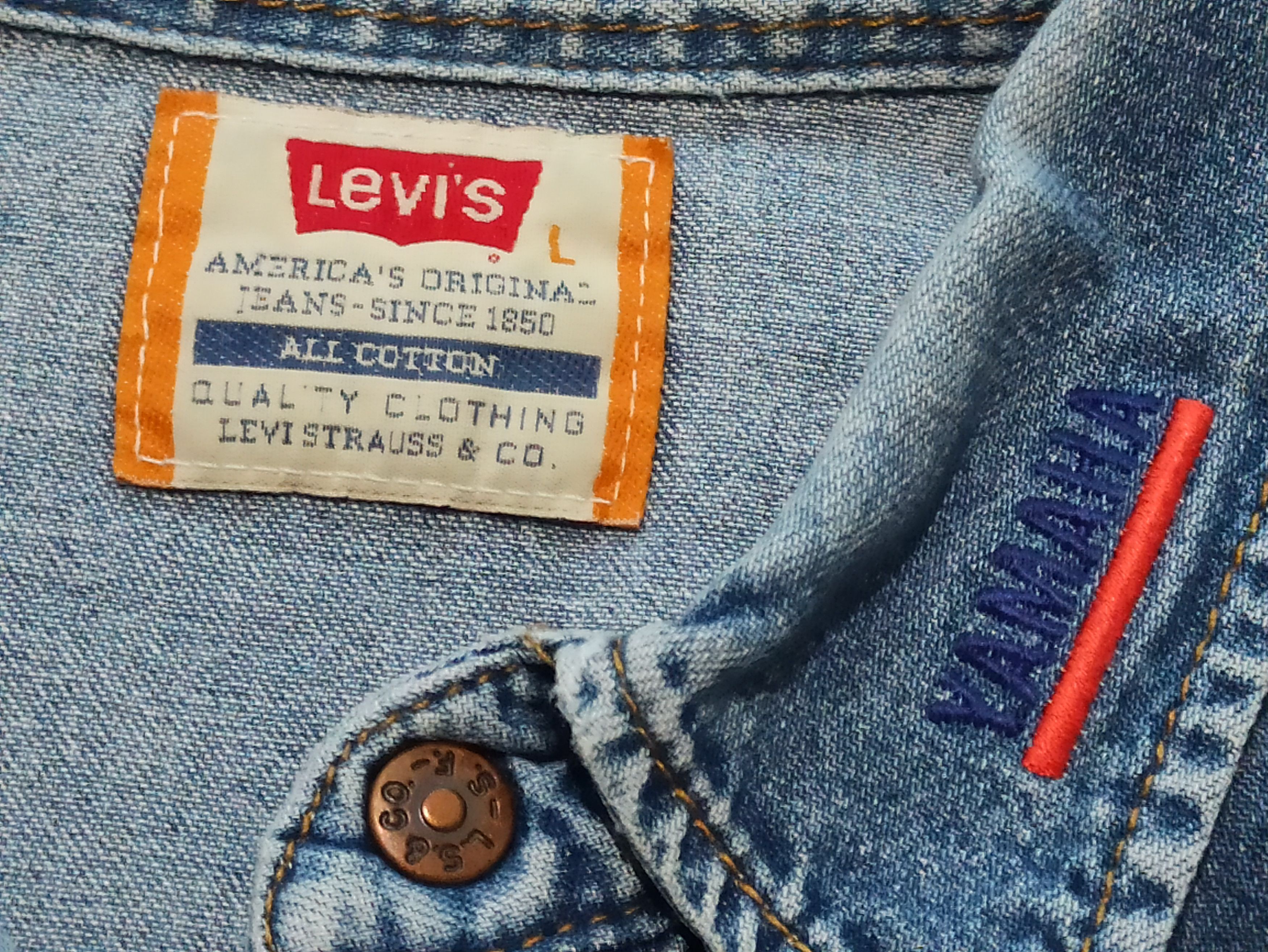 Levi's RARE Levi's x Yamaha 90s Promo Orange Tab Denim Shirt Size US L / EU 52-54 / 3 - 2 Thumbnail