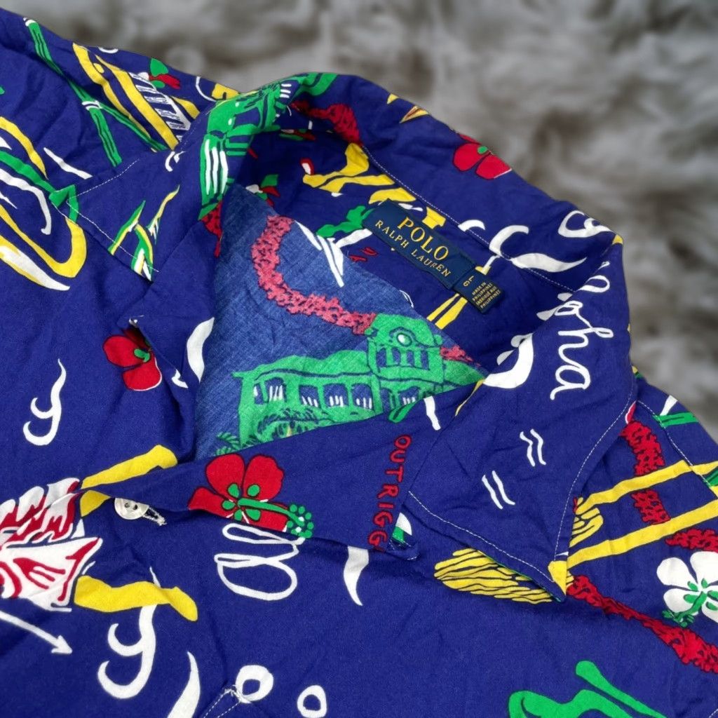 Polo Ralph Lauren Shirt Men’s Aloha Hawaiian Luau Camp Shirt Blue Large 100% Viscose Short Sleeve Button-Up Floral Mens