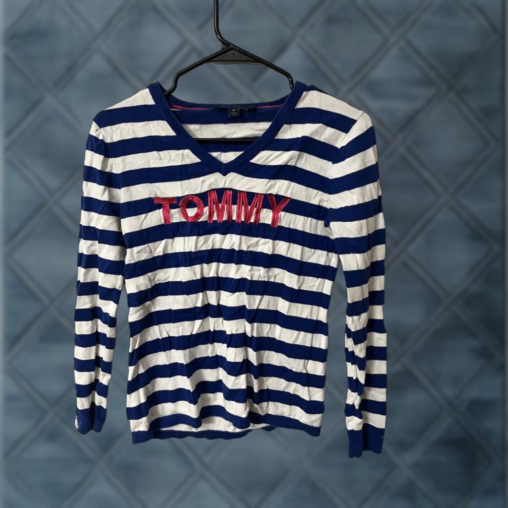 Tommy Hilfiger Tommy Hilfiger Woman Blue White T-Shirt Striped Long Sleeve V-Neck Size S Size S / US 4 / IT 40 - 1 Thumbnail