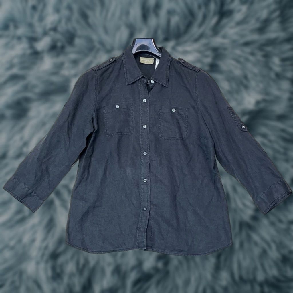 Liz Claiborne VINTAGE LIZ CLAIBORNE 100% LINEN BUTTON-UP ROLL TAB SLEEVES LAGENLOOK BLACK WOMEN LARGE Size L / US 10 / IT 46 - 1 Thumbnail