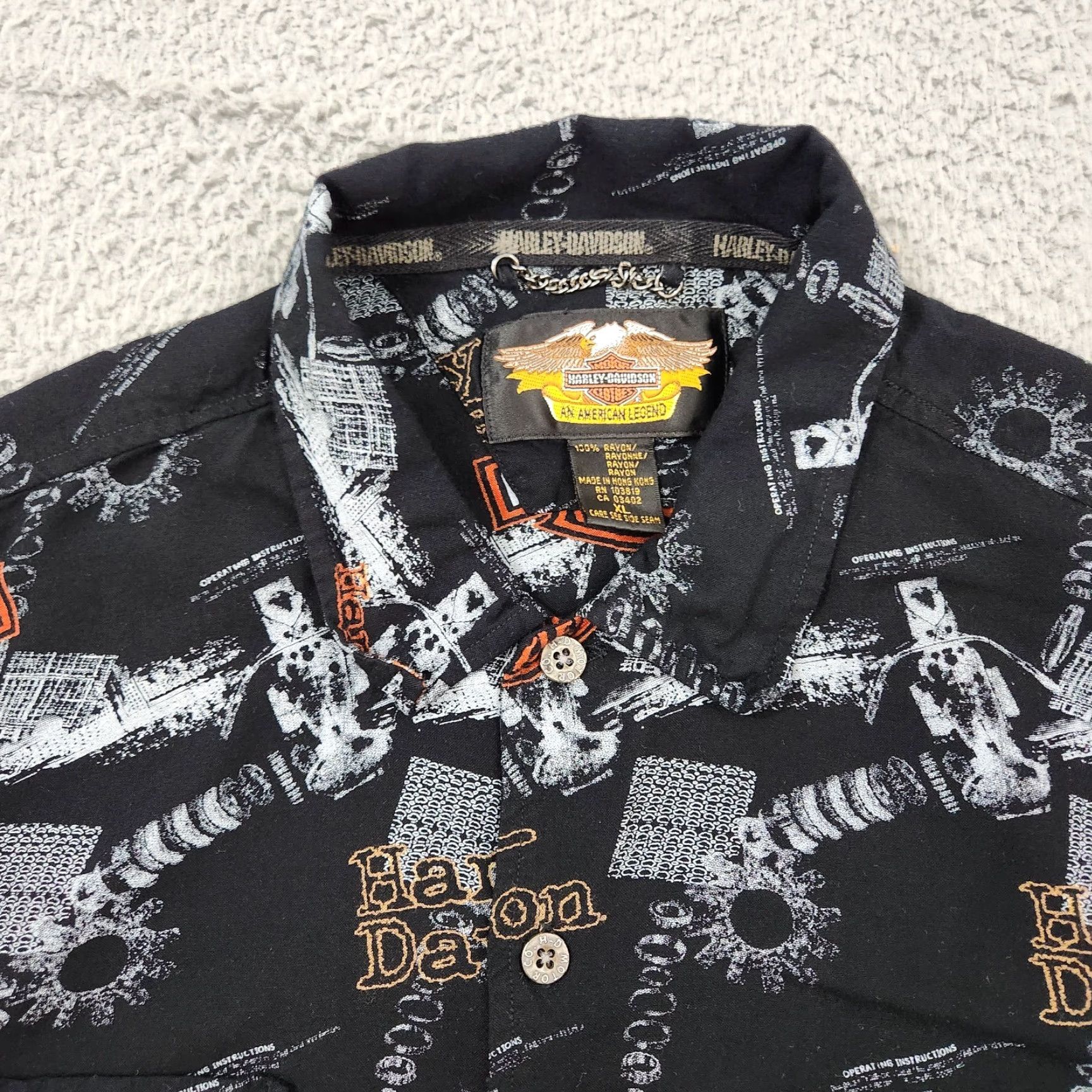 VINTAGE Harley-Davidson Shirt Men XL Black Garage All Over Print Rayon 90s Biker