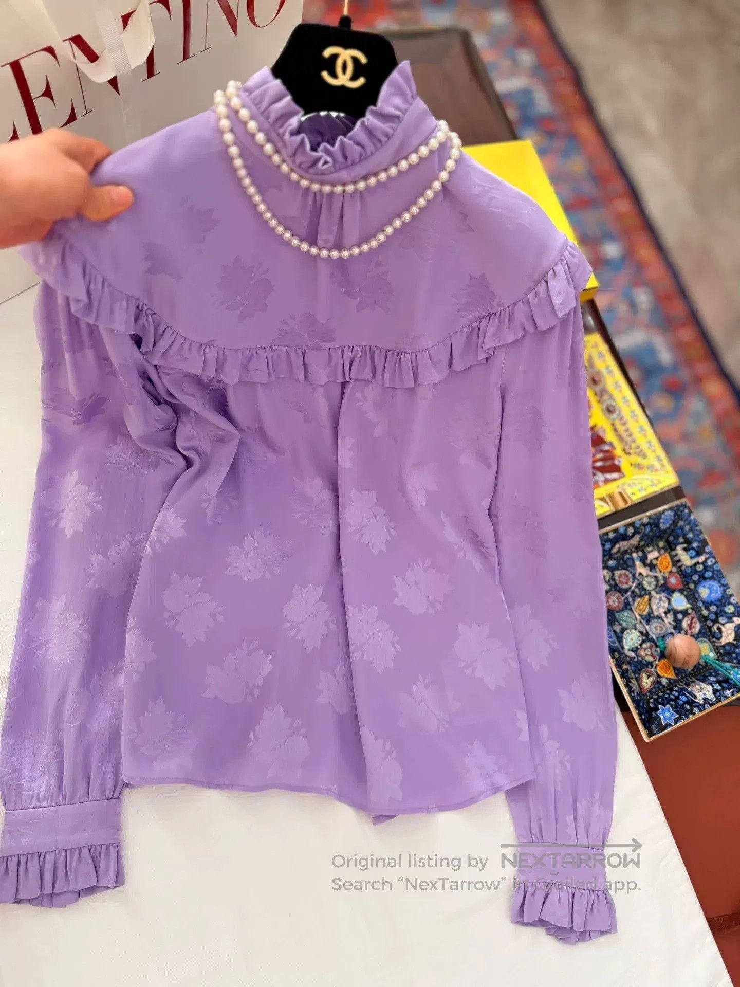 Saint Laurent Paris YSL Purple Floral Ruffled Silk Blouse. Size M / US 6-8 / IT 42-44 - 1 Thumbnail