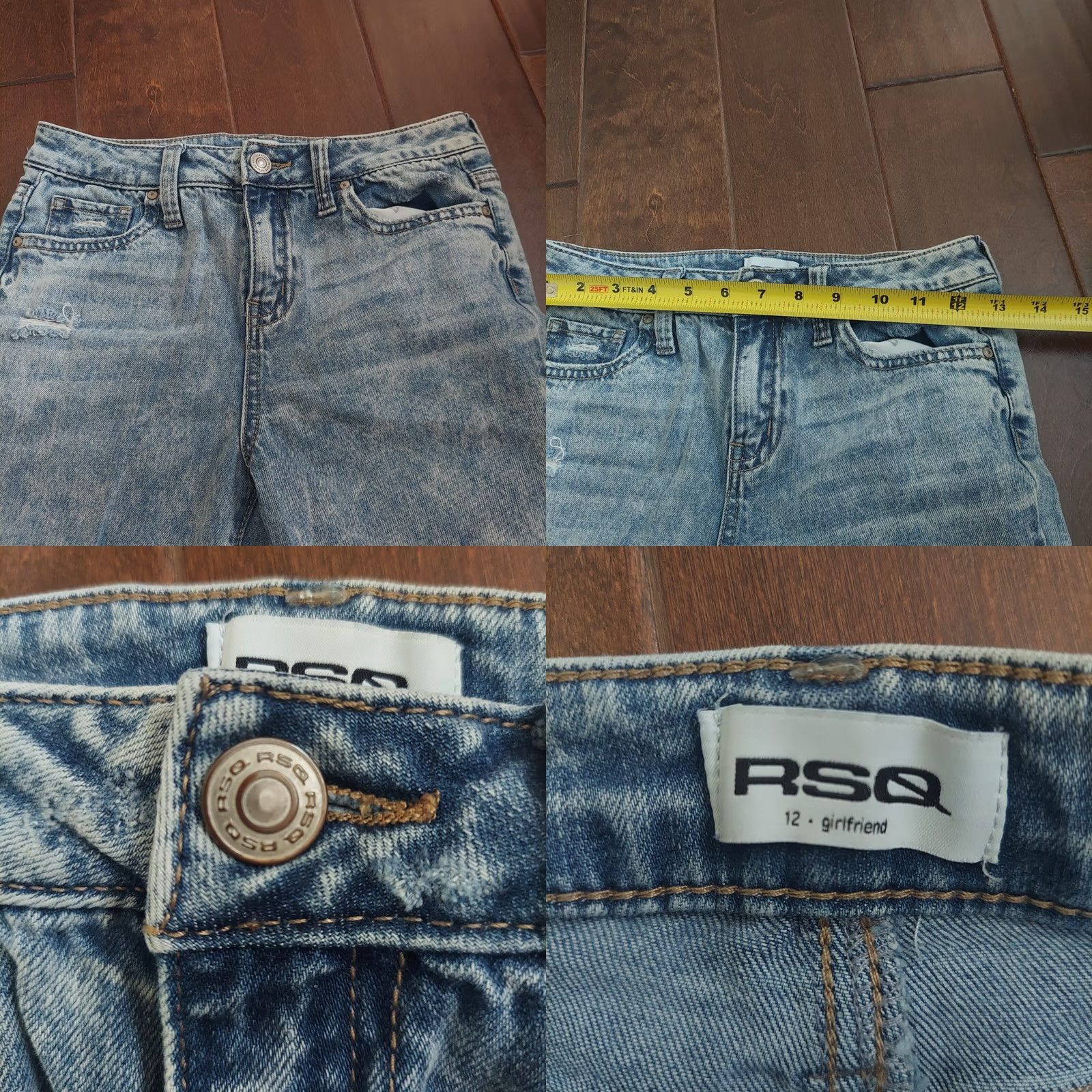 Rsq RSQ Women's Jeans Blue Acid Wash Distressed Girlfriend Straight 12 Regular Denim - Cotton Polyester Rayon Spandex, Solid, Color Blue, Size 12, Womens Size 34" / US 12 / IT 48 - 9 Thumbnail