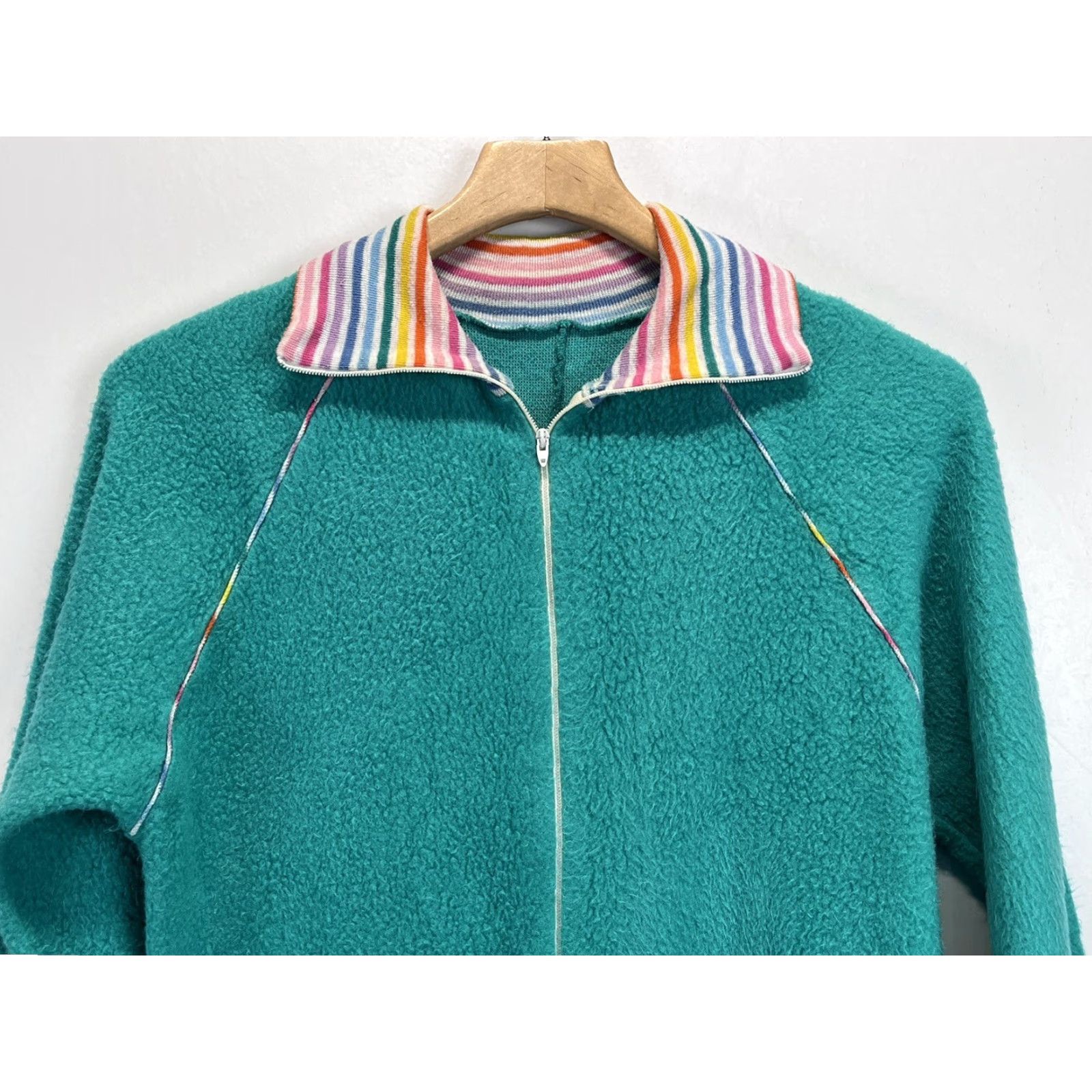Rainbow VINTAGE Unbranded Fleece Adult Pajamas Sz 13 Medium Green Rainbow Trim 70s Womens Size ONE SIZE - 3 Thumbnail