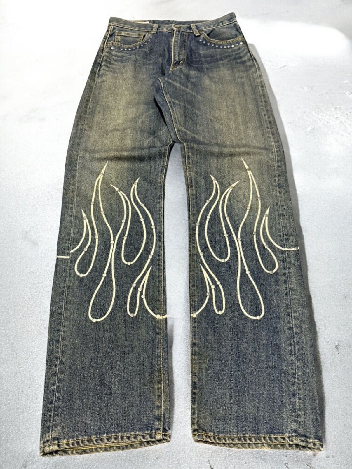 Big John × Edwin × Japanese Brand 90s Big John Studded Gemstone Tribal Flame Mud Wash Jeans Size US 30 / EU 46 - 1 Thumbnail