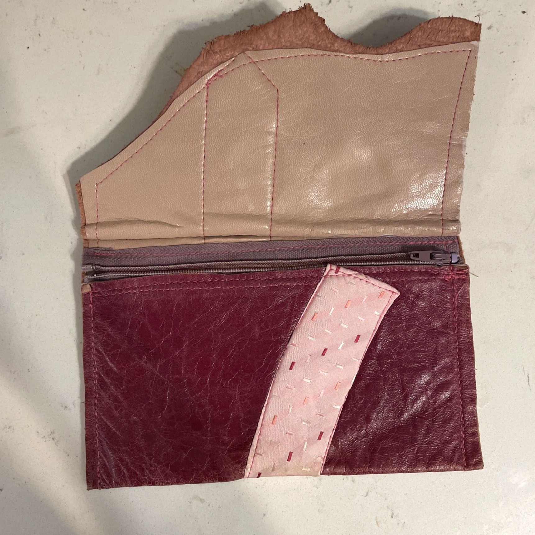 Vintage VINTAGE Handmade Leather Purple Pink Ribbon Clutch Pouch Cosmetic Bag Wallet Boho Stars Womens Purple Bag Zipper Clutch Womens Size ONE SIZE - 3 Thumbnail