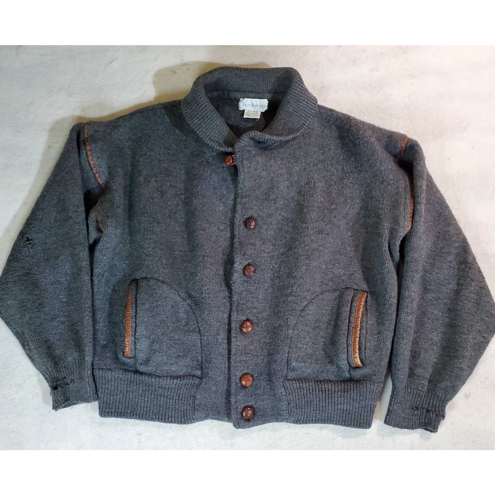 Vintage VINTAGE Jacobson's Cardigan Sweater 100% Wool Women's Small Gray Leather Buttons V-Neck Long Sleeve Knit 80s 90s Womens Size S / US 4 / IT 40 - 2 Thumbnail