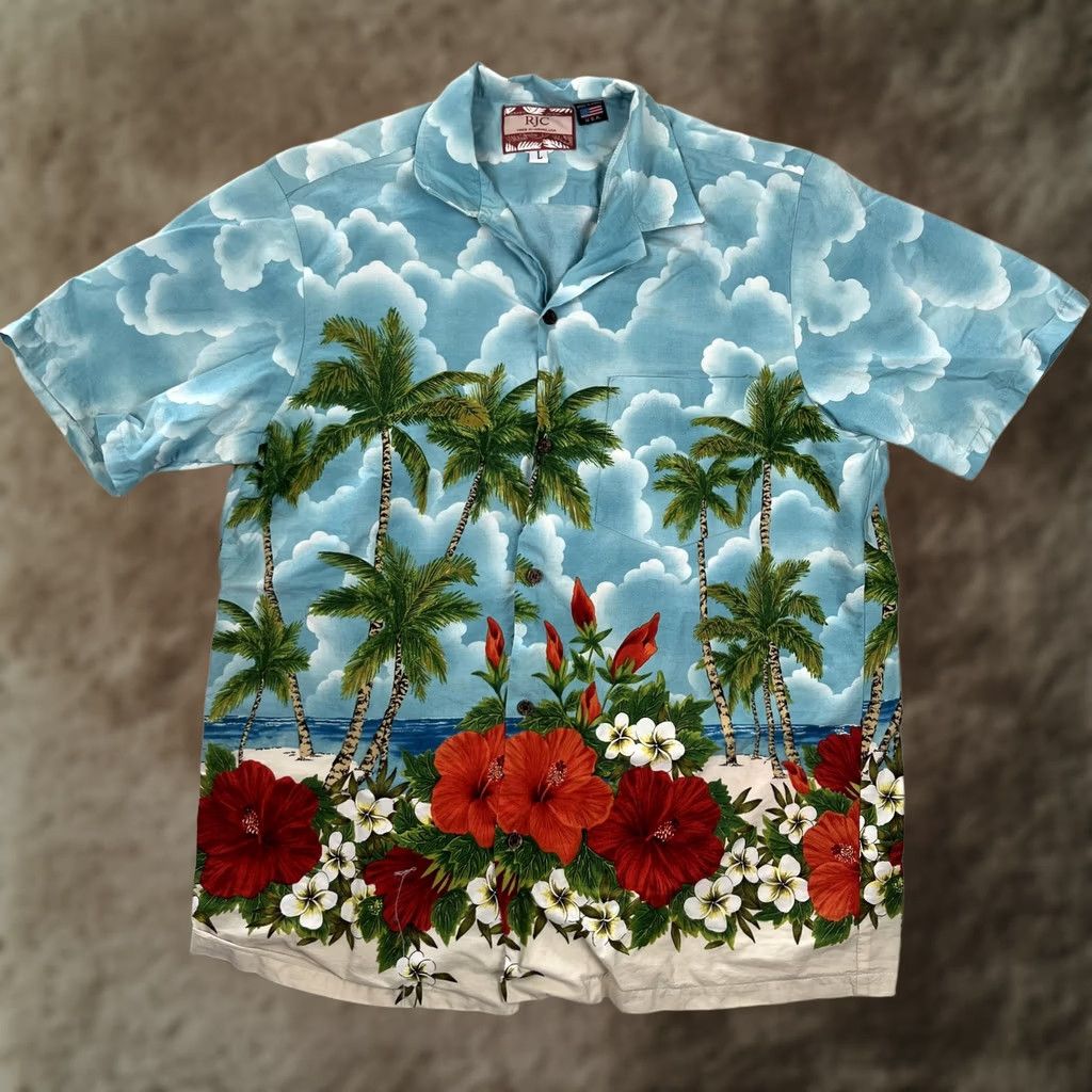 Vintage VINTAGE RJC Shirt Mens Large Blue Hawaiian Hibiscus Palm Short Sleeve Button-Up Shirt Size US L / EU 52-54 / 3 - 1 Thumbnail