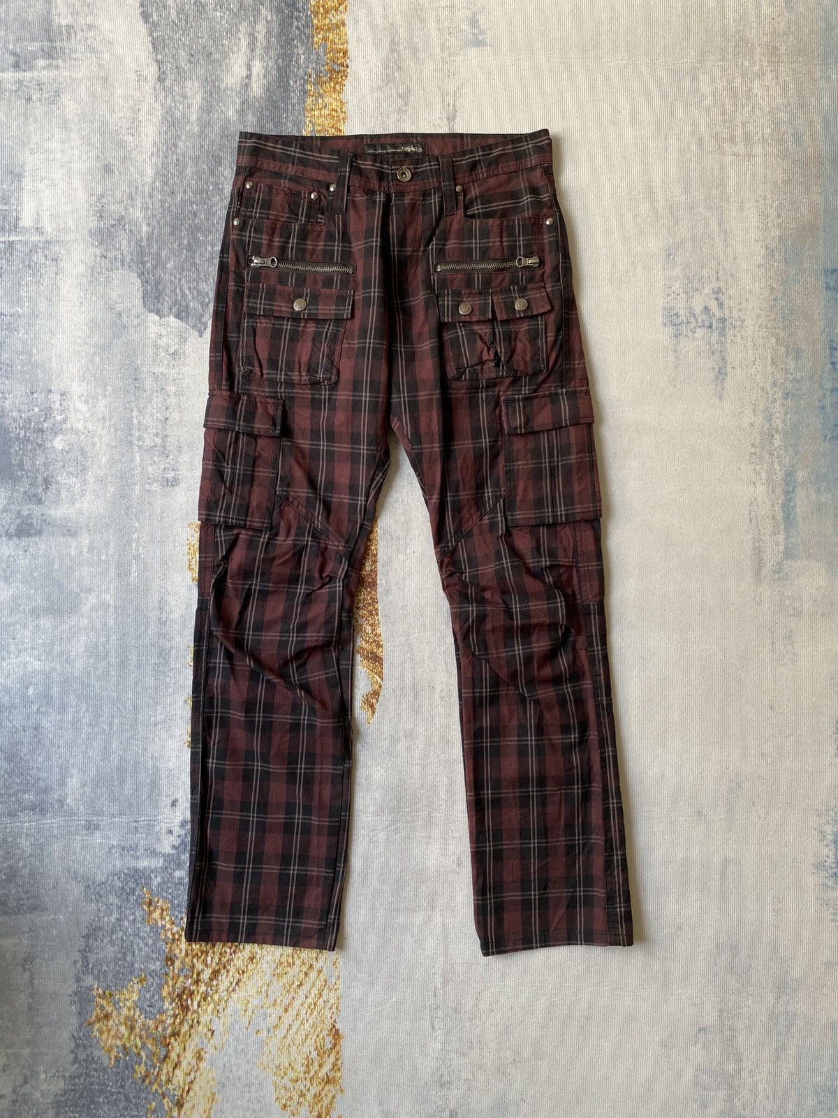 image of Mossimo Tartan Design Multipocket Doube Zipper Cargo Pant in Red Tartan, Men's (Size 28)