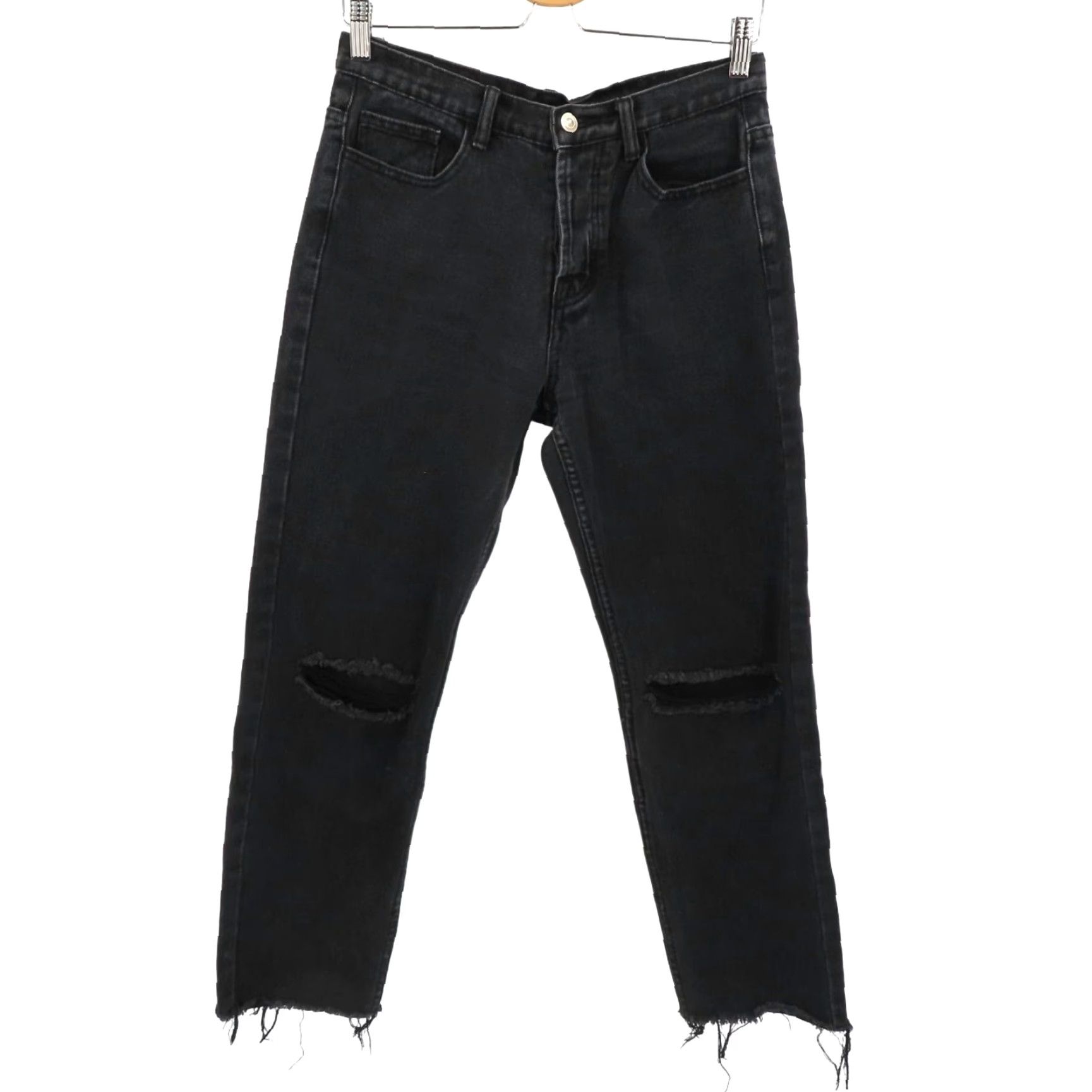 PRINCESS POLLY Princess Polly Womens Jeans 8 Black Dark Gray Denim Button Fly Distressed Raw 90s Straight Jeans Womens Size 30" / US 8 / IT 44 - 2 Thumbnail