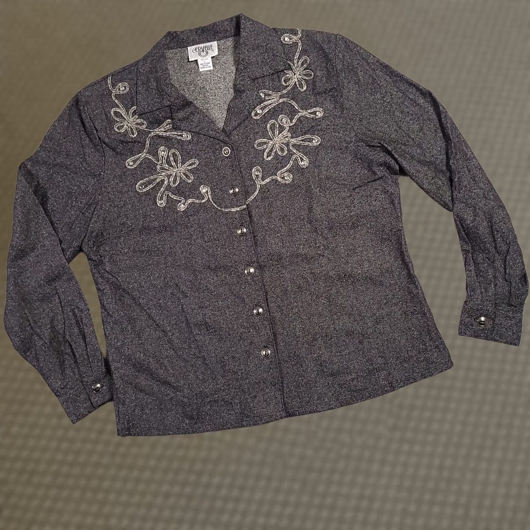 Vintage VINTAGE Cervelle Button Up Shirt 100% Silk Womens L Gray Embroidered Shoulder Pads Shirts メンズ? Size L / US 10 / IT 46 - 1 Thumbnail