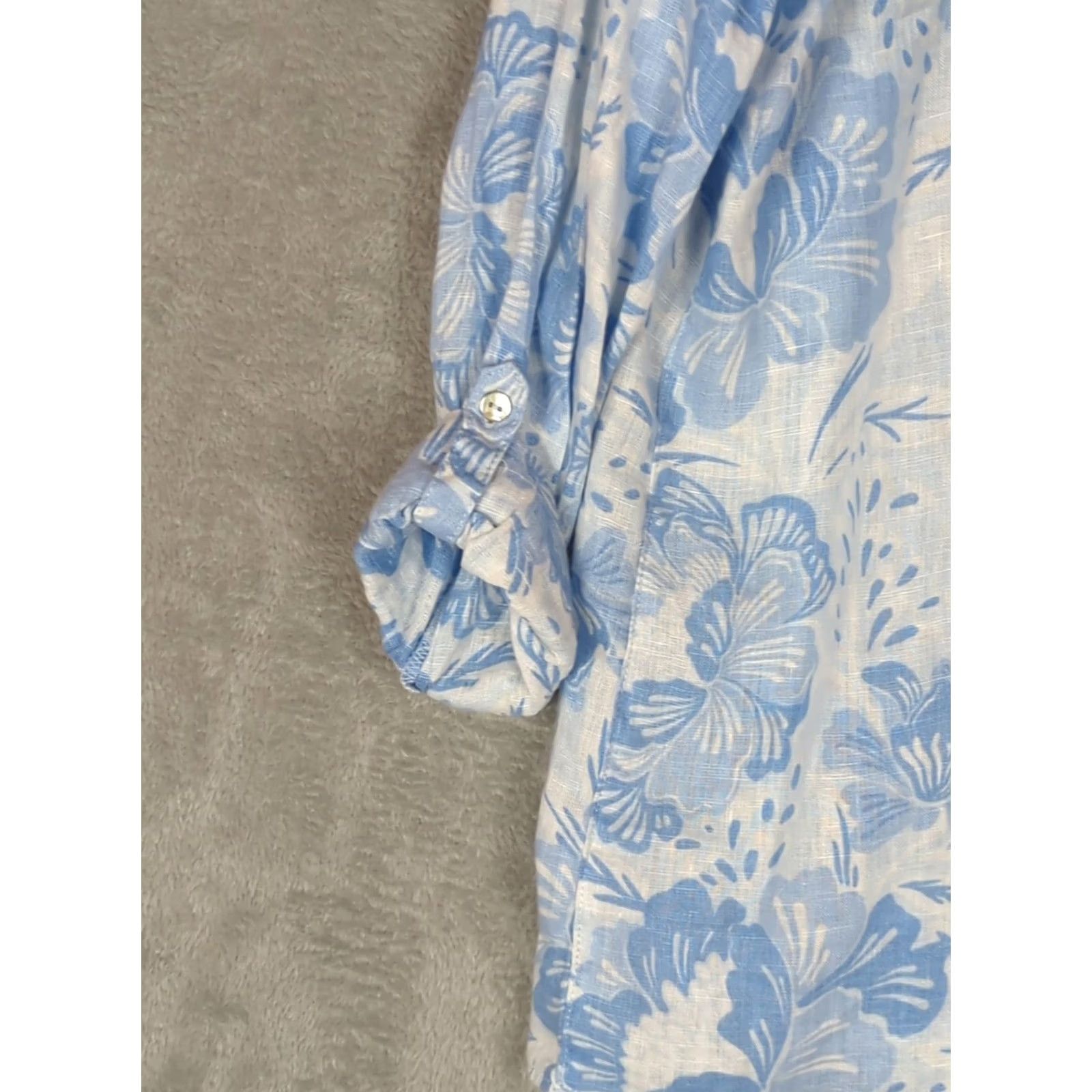 ALOHAS Sigrid Olsen Blouse M Linen Roll Tab Sleeve Button Down Blue Floral Beach Tunic Womens Size M / US 6-8 / IT 42-44 - 6 Thumbnail