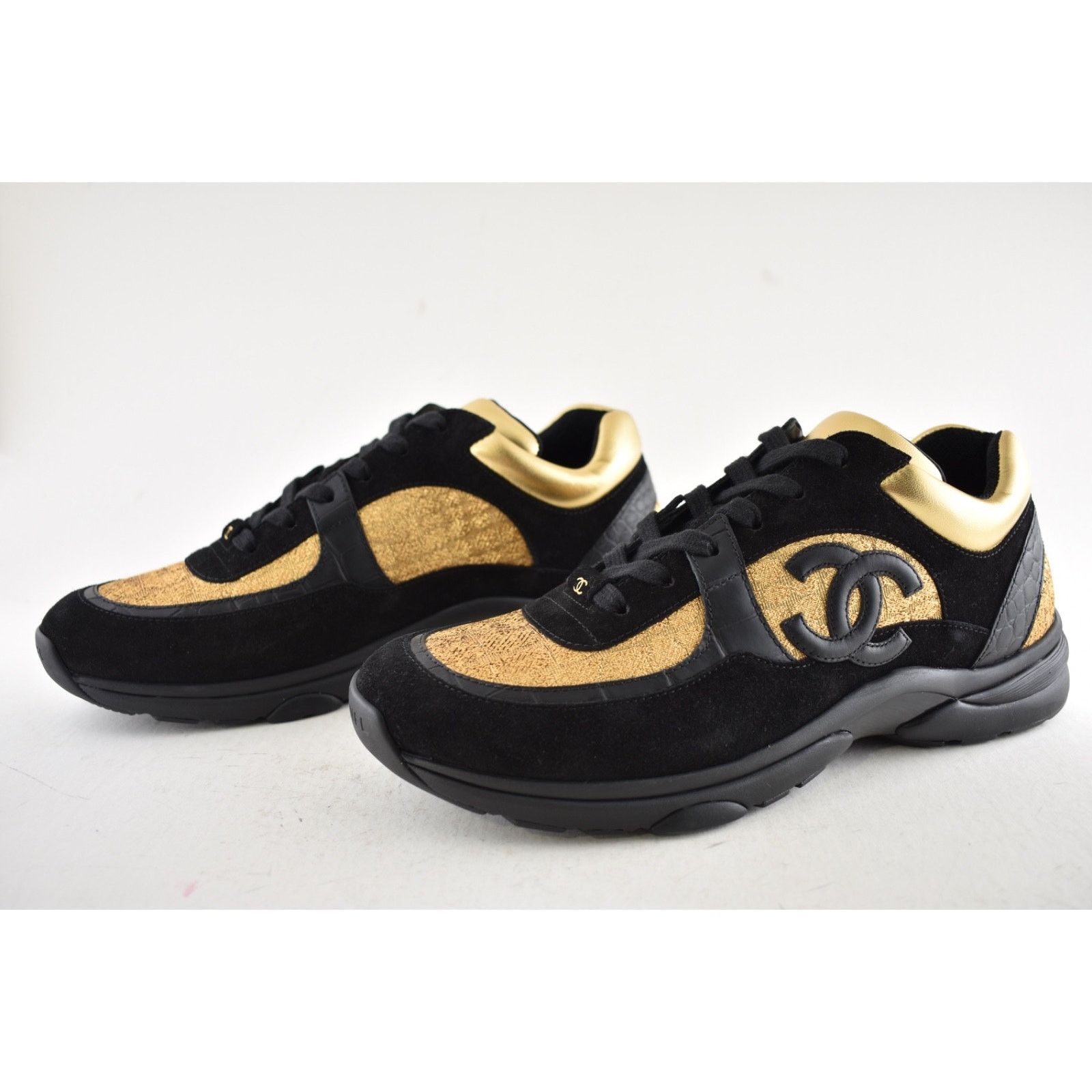 Chanel Chanel 19A Mens Black Gold Croc Suede CC Logo Low Top Size US 11 / EU 44 - 12 Thumbnail