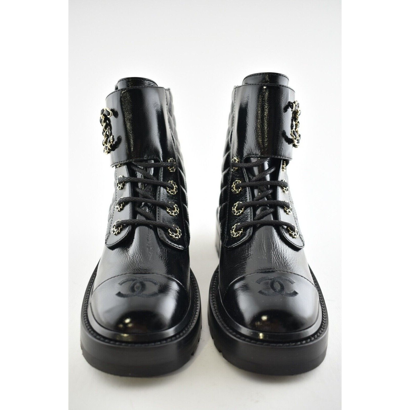 Chanel 21A Shiny Patent Quilted Chain Combat Ankle Short Boot 40.5 Size US 10.5 / IT 40.5 - 5 Thumbnail