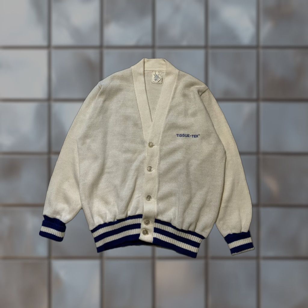 Vintage VINTAGE 70s 80s Tissue-Tek Lab Acrylic Knit Custom Chenille Embroidery Cardigan Sweater XL White/Blue Stripe Dallas Chest 52in Pit to Pit 26in 28in Size US XL / EU 56 / 4 - 1 Thumbnail