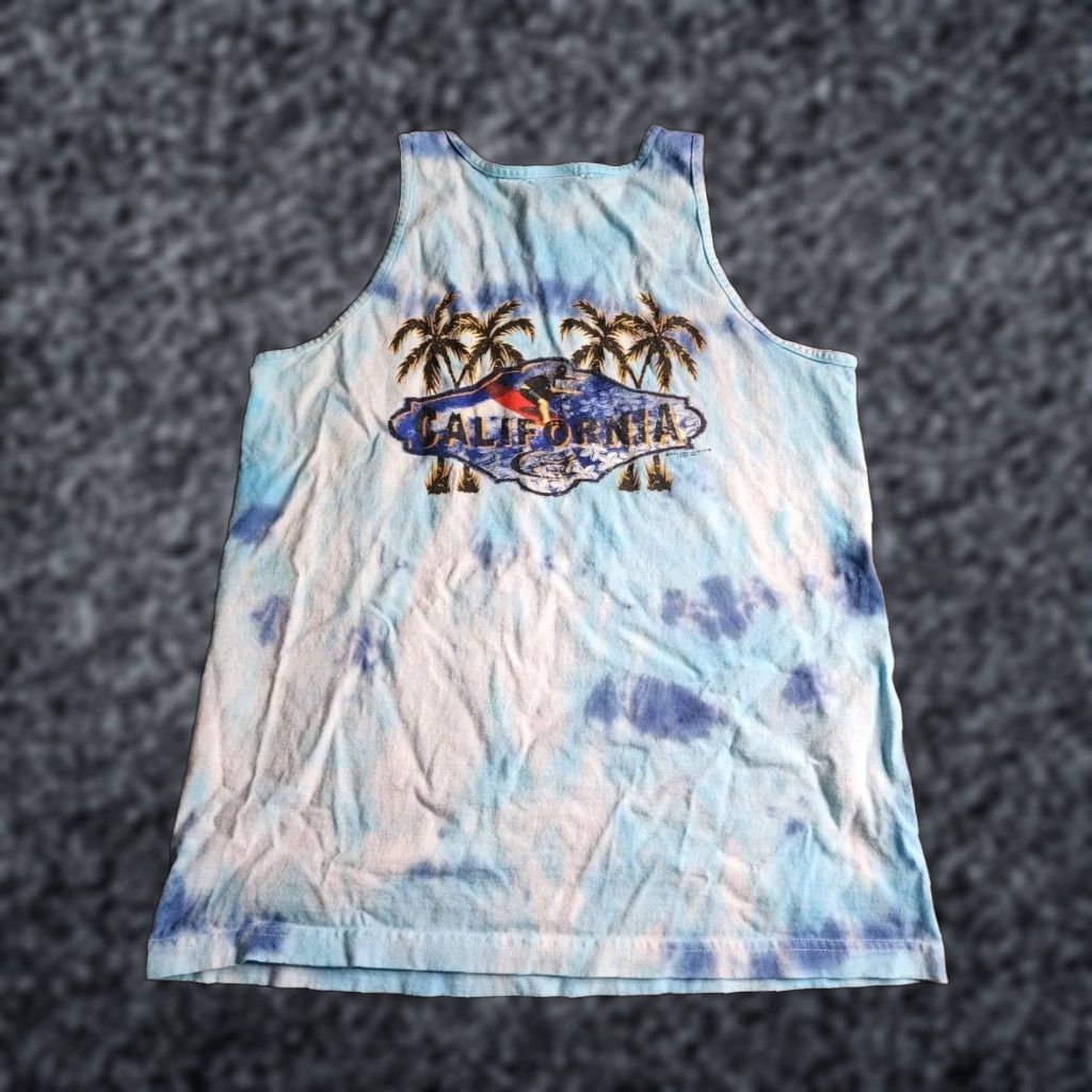 AAA VINTAGE California Surfing Tank Top Mens Blue Tie Dye Graphic Print Sleeveless Pullover Lightweight Cotton 80s Style L Size US L / EU 52-54 / 3 - 1 Thumbnail