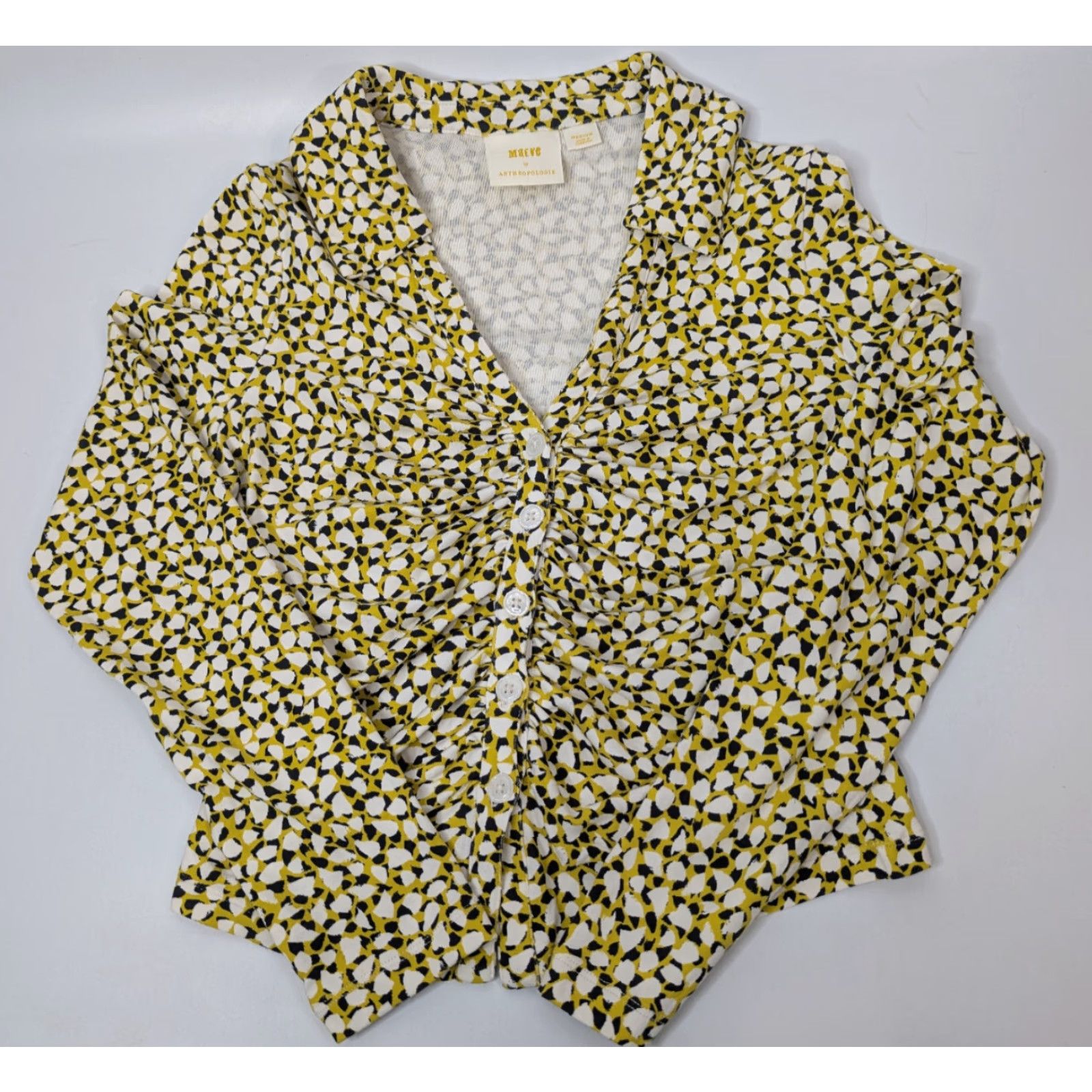 Vintage Maeve Anthropologie Blouse Shirt V-Neck Button Geometric Pattern Yellow Size M Women Size M / US 6-8 / IT 42-44 - 2 Thumbnail