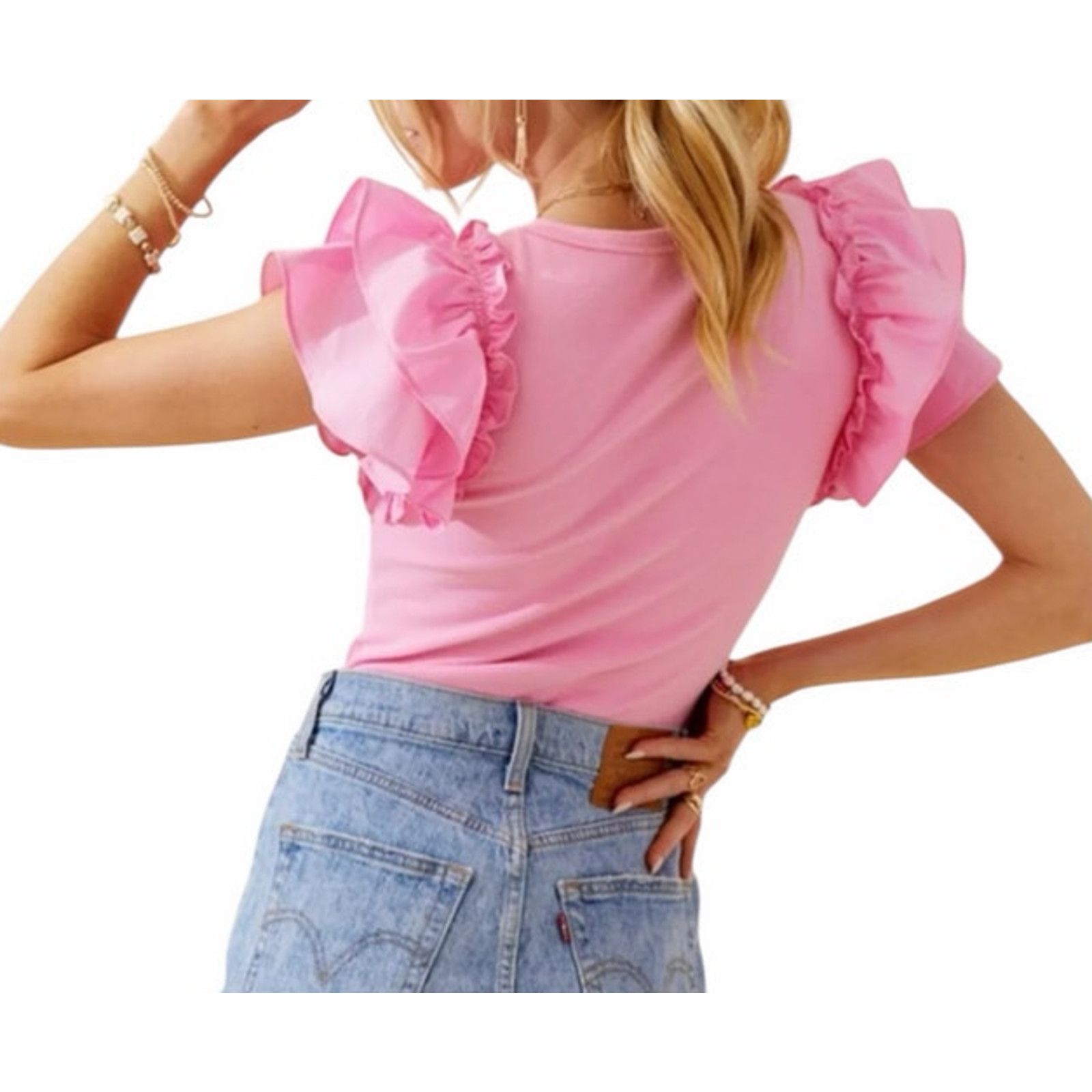 Other Day+Moon Solid Pink Short Sleeve Ruffle V-Neck Bodysuit Size M / US 6-8 / IT 42-44 - 2 Thumbnail