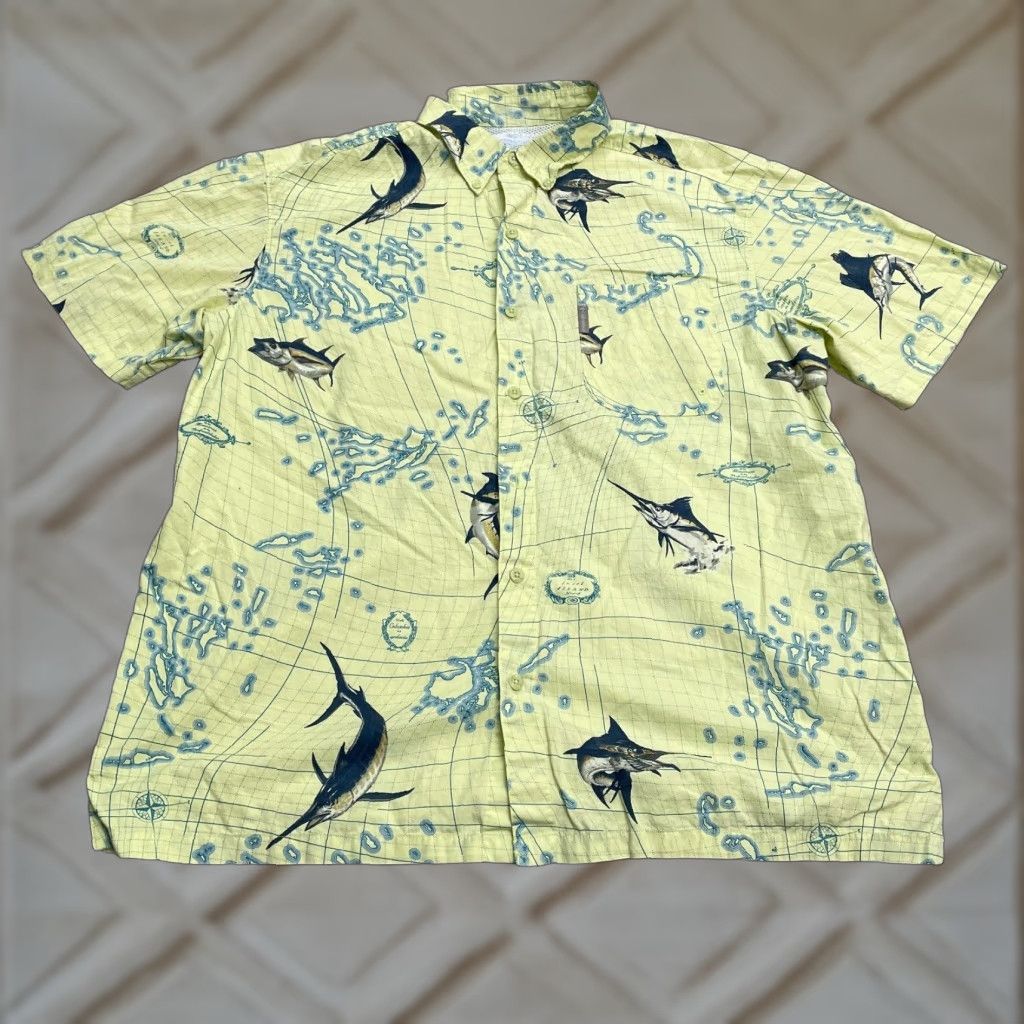 Vintage Columbia Bonehead PFG Shirt Mens Button-Up Short Sleeve Yellow Pattern Fish Outdoor Casual Regular Size L Mens Size US L / EU 52-54 / 3 - 1 Thumbnail