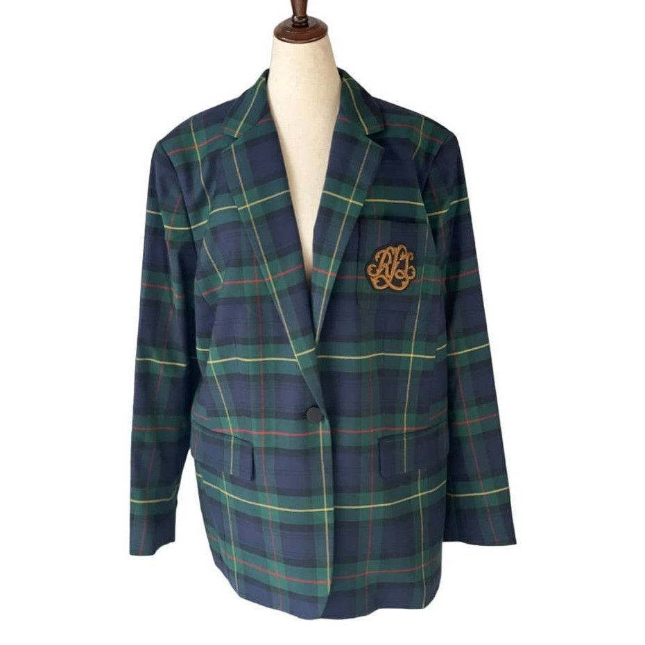 image of Lauren Ralph Laurent Bullion Plaid Wool-Blend Blazer in Green, Women's (Size 2XL)