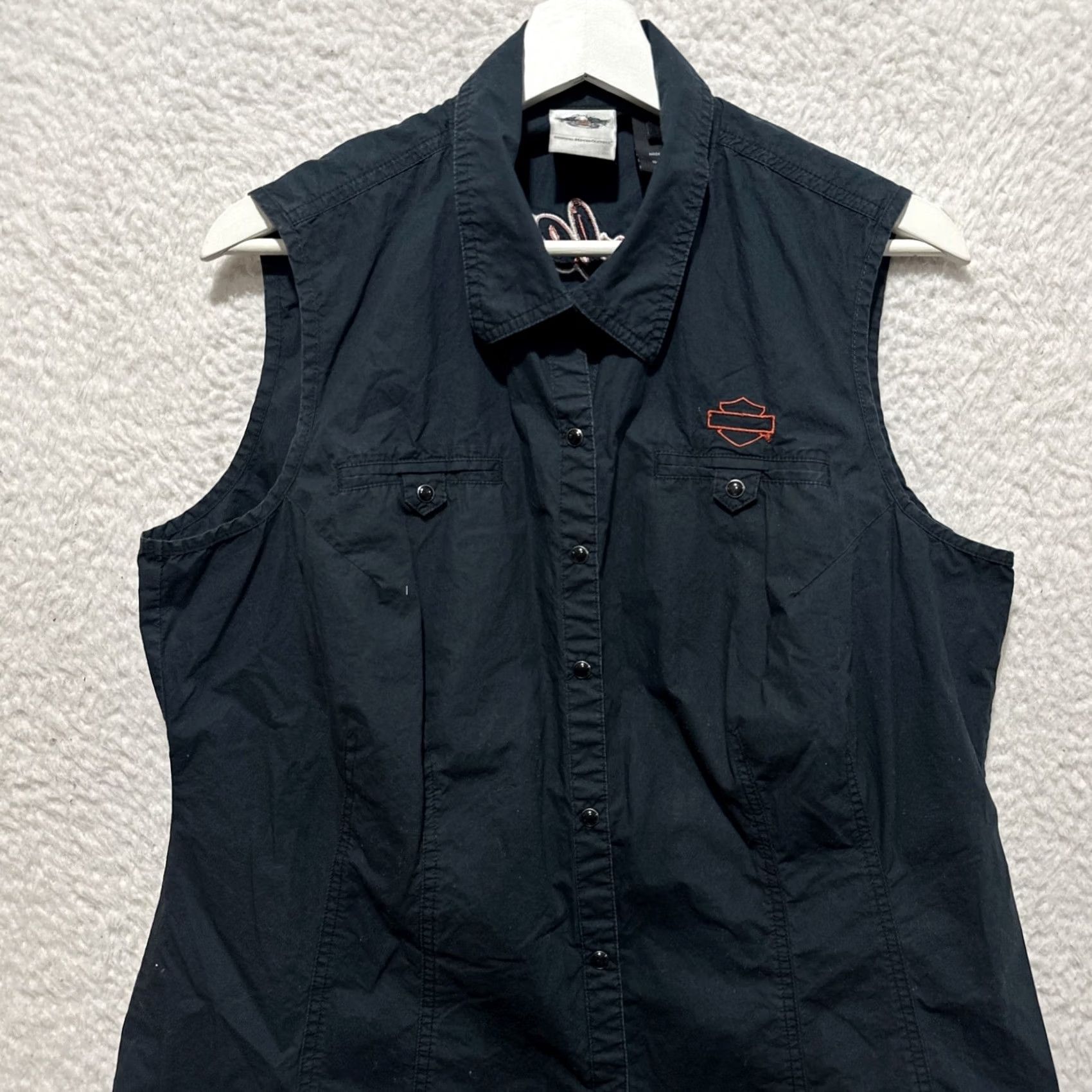 Harley Davidson Harley Davidson Womens XL Black Sleeveless Snap Button Down Fitted Tank Shirt Size XL / US 12-14 / IT 48-50 - 4 Thumbnail