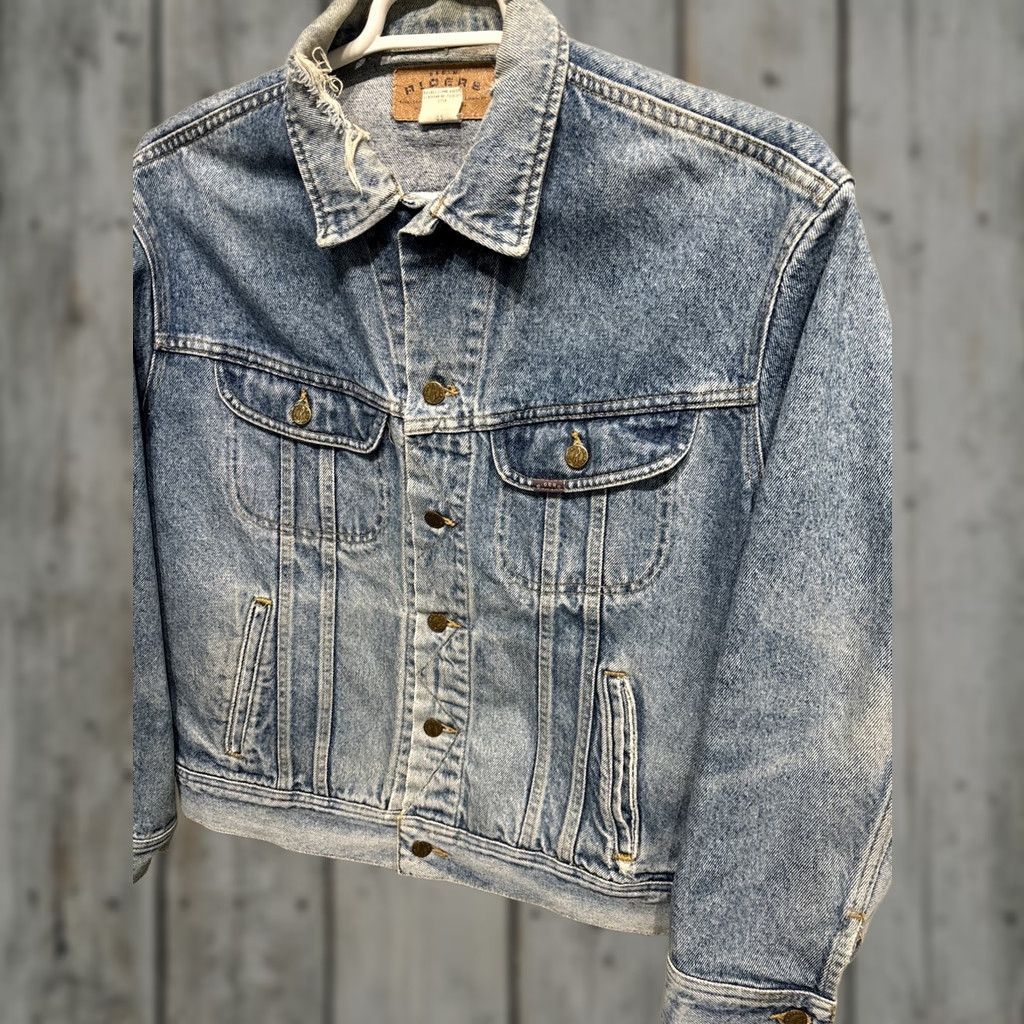 Vintage VINTAGE Riders Denim Blue Jean Jacket Mens Size L Distressed 1980s Bomber Jacket Wide Shoulder Pit to Pit 24” Total Length 24” Size US 33 - 1 Thumbnail