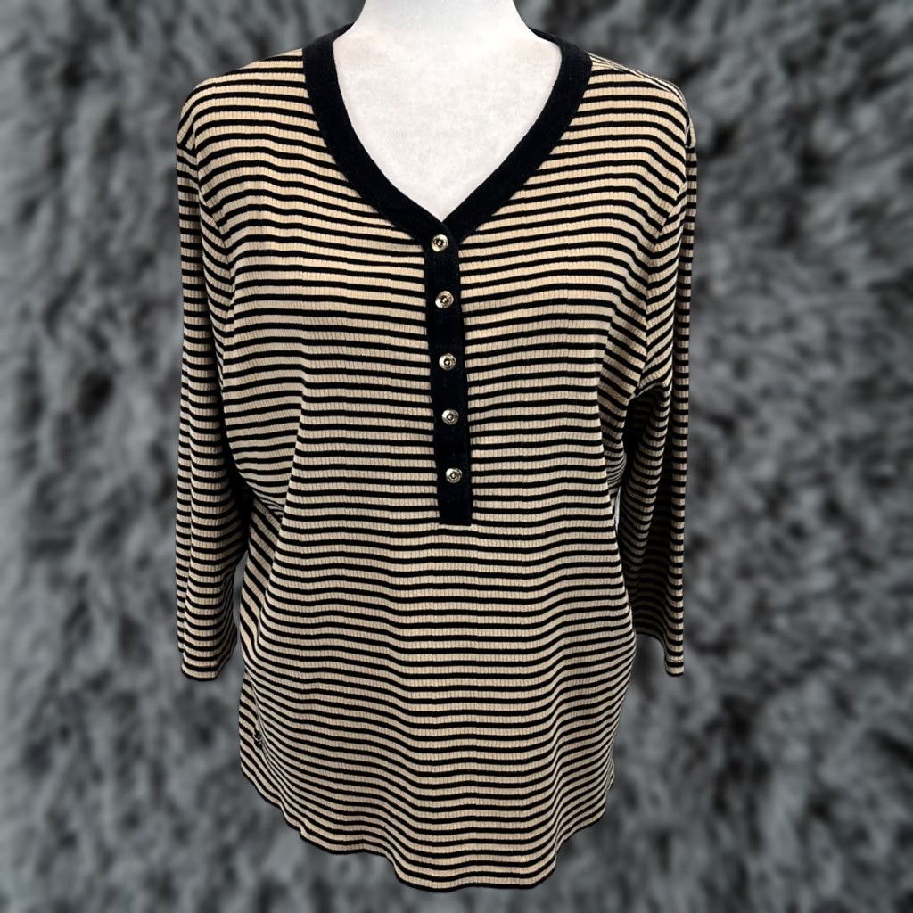 Ralph Lauren VINTAGE Ralph Lauren LRL Black Label Henley Shirt Plus Size 2X Black & Tan Ribbed Womens Size XXL / US 16-18 / IT 52-54 - 1 Thumbnail