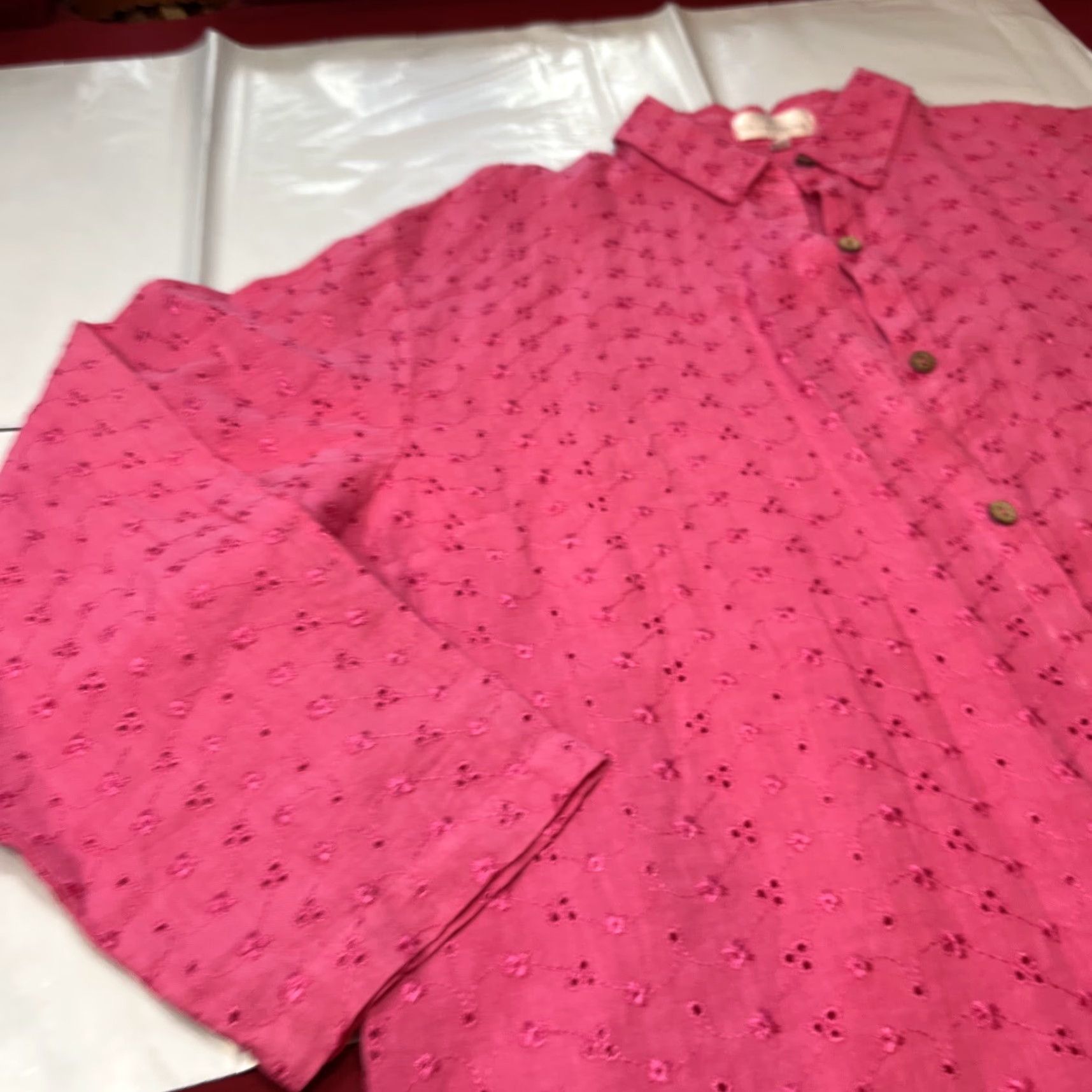 Soft Surroundings Soft Surroundings Shirt Women L Pink Linen Button-Up Collared Embroidered Flower Cut Outs Size L / US 10 / IT 46 - 4 Thumbnail