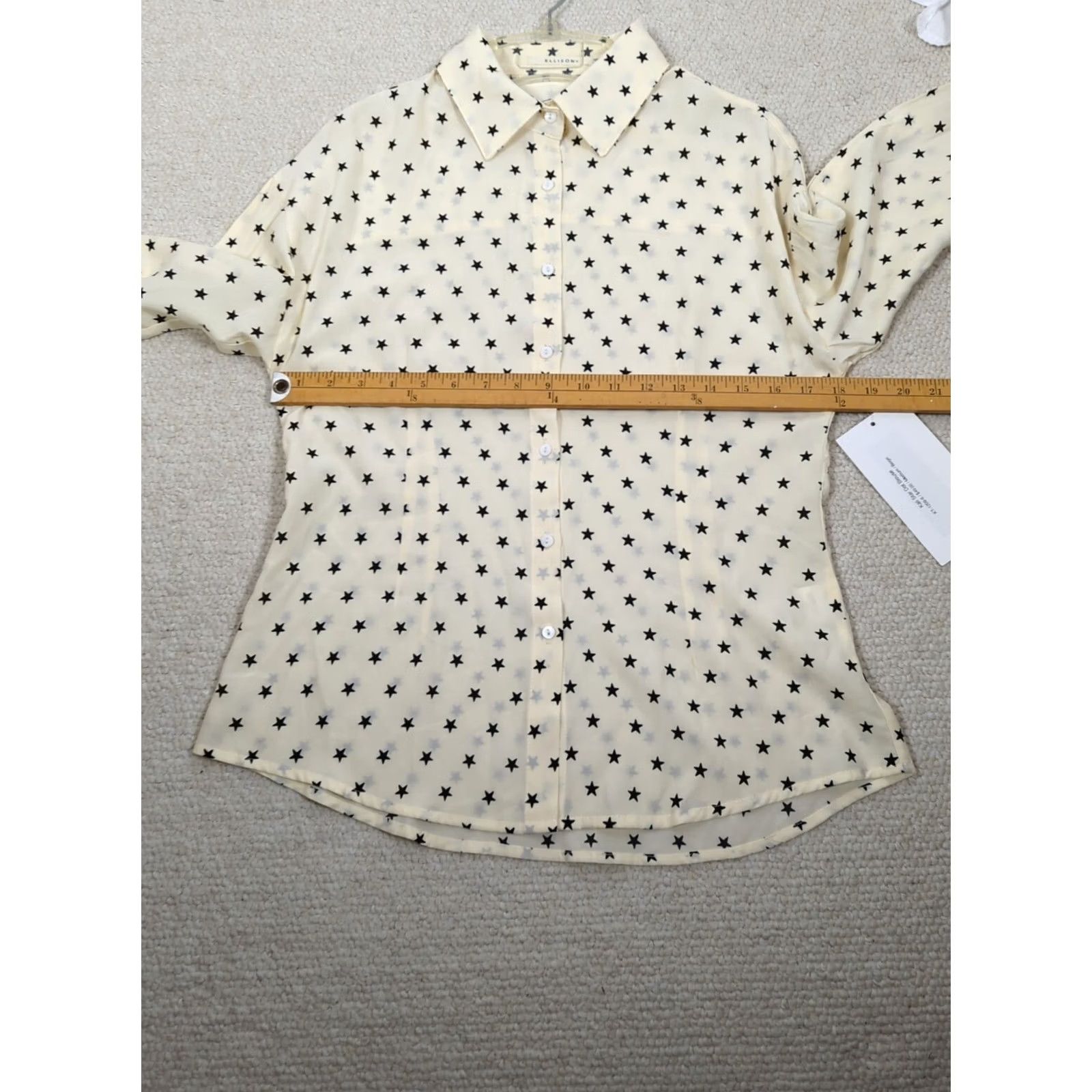 Vintage VINTAGE? No. Ellison Kali Blouse Womens Medium Beige Long Sleeve Polka Dot Star Accents Collared Button NYLON/Rayon Hand Wash Only Regular Fit Size M / US 6-8 / IT 42-44 - 7 Thumbnail