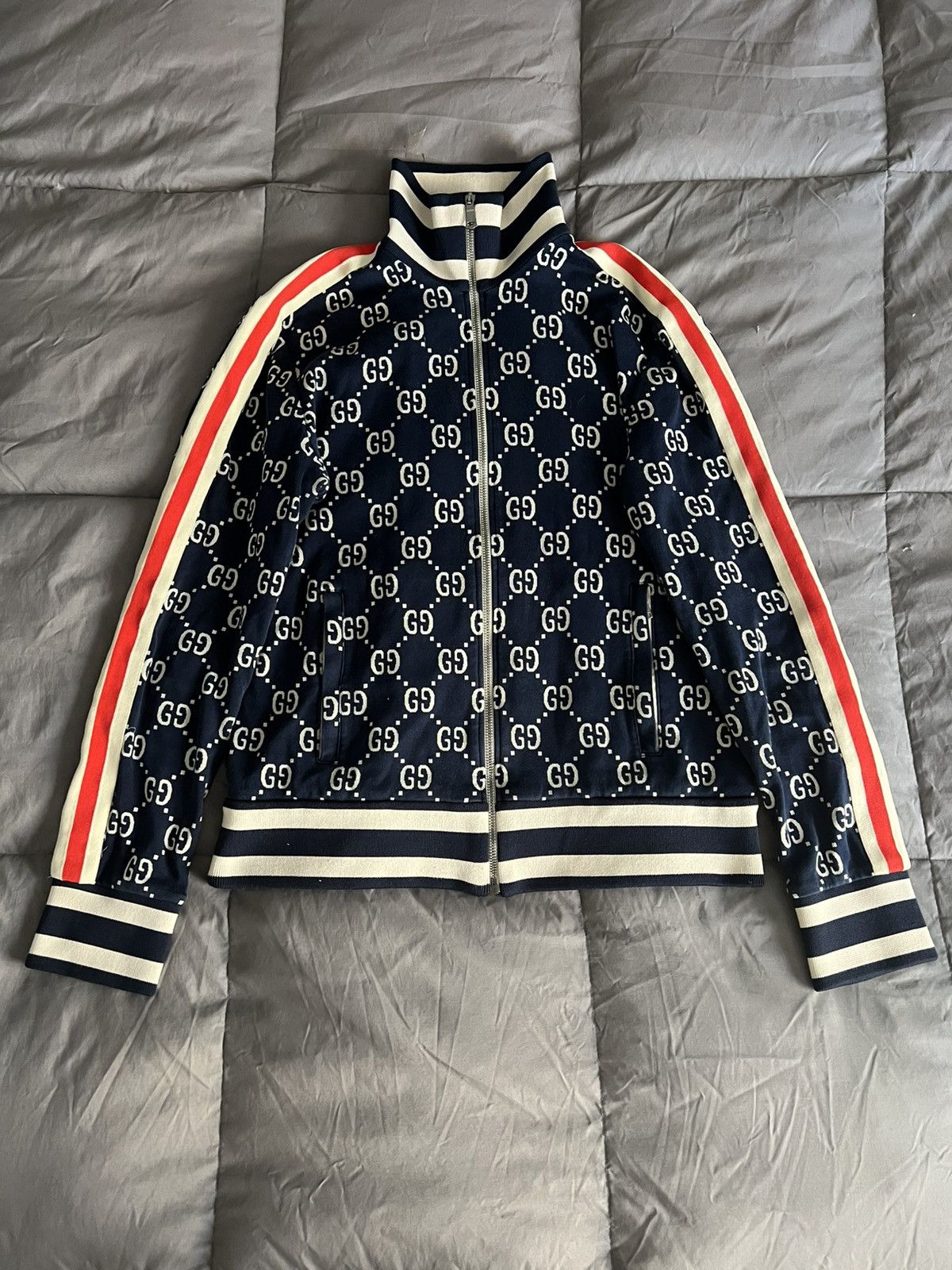 Pre-owned Gucci Monogram Track Jacket Blue/white/red