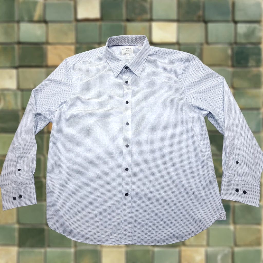 Vintage Con.Struct Dress Shirt Mens 2XL Slim White Polka Dot 4 Way Stretch Button Cuff Pattern Sleeve Long Shirt Size 48R - 1 Thumbnail