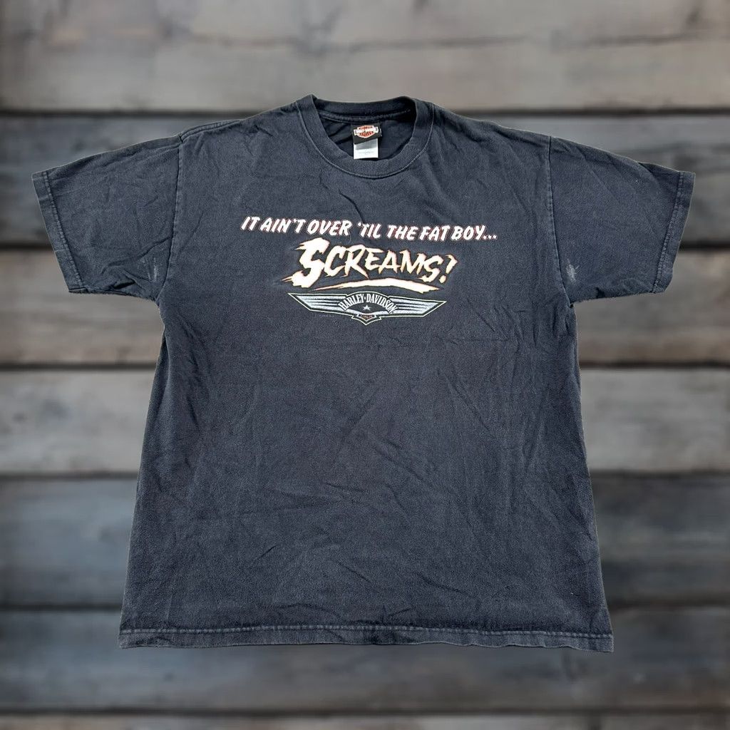 Harley Davidson VINTAGE Harley-Davidson Shirt Mens L Black It Aint Over Till The Fat Boy Screams Graphic Print Short Sleeve Crew Neck Logo 90s Mens Size US L / EU 52-54 / 3 - 1 Thumbnail