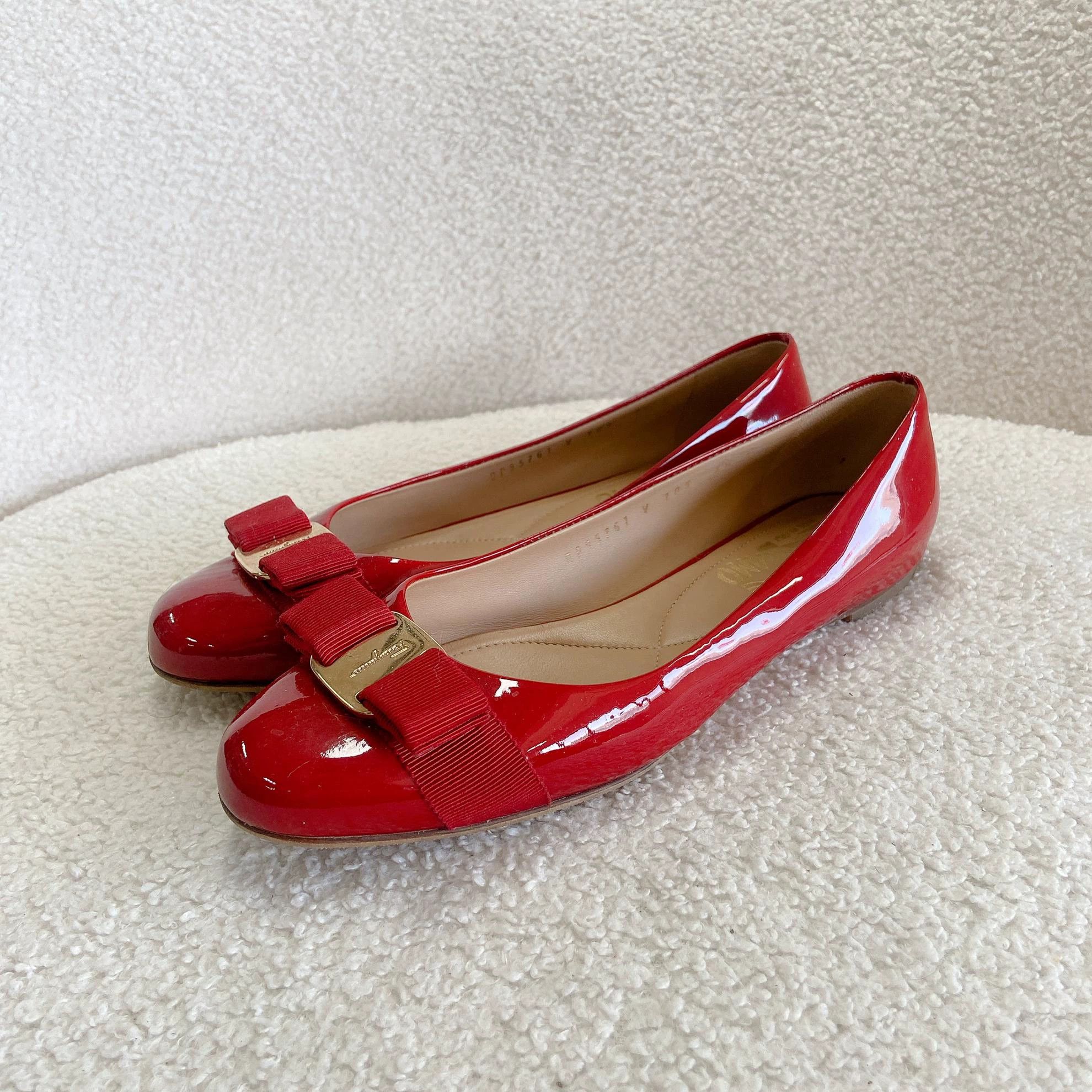 Salvatore Ferragamo Ferragamo Red Patent Leather Flats 37.5 0991 Size US 7 / IT 37 - 1 Thumbnail