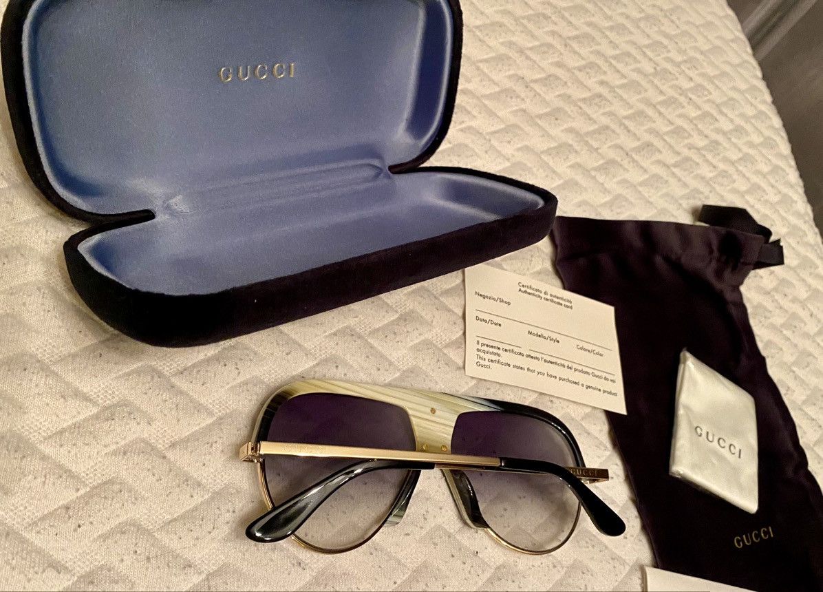 Gucci Gucci 🇯🇵 Grey/Moss Resin Amber GG Inlay Bridge Metal Gold NEW Size ONE SIZE - 17 Thumbnail