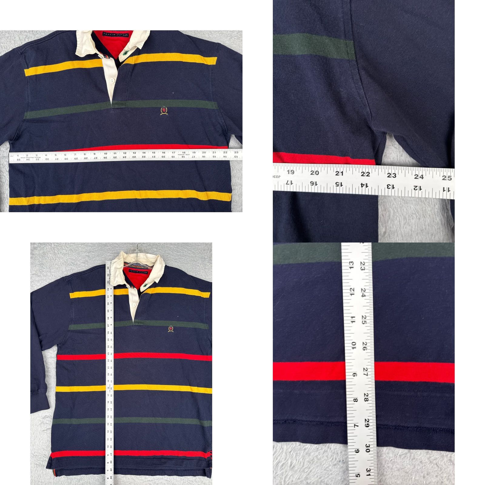 VINTAGE Tommy Hilfiger Polo Shirt Men Large Blue Stripe Long Sleeve Crest Shirt