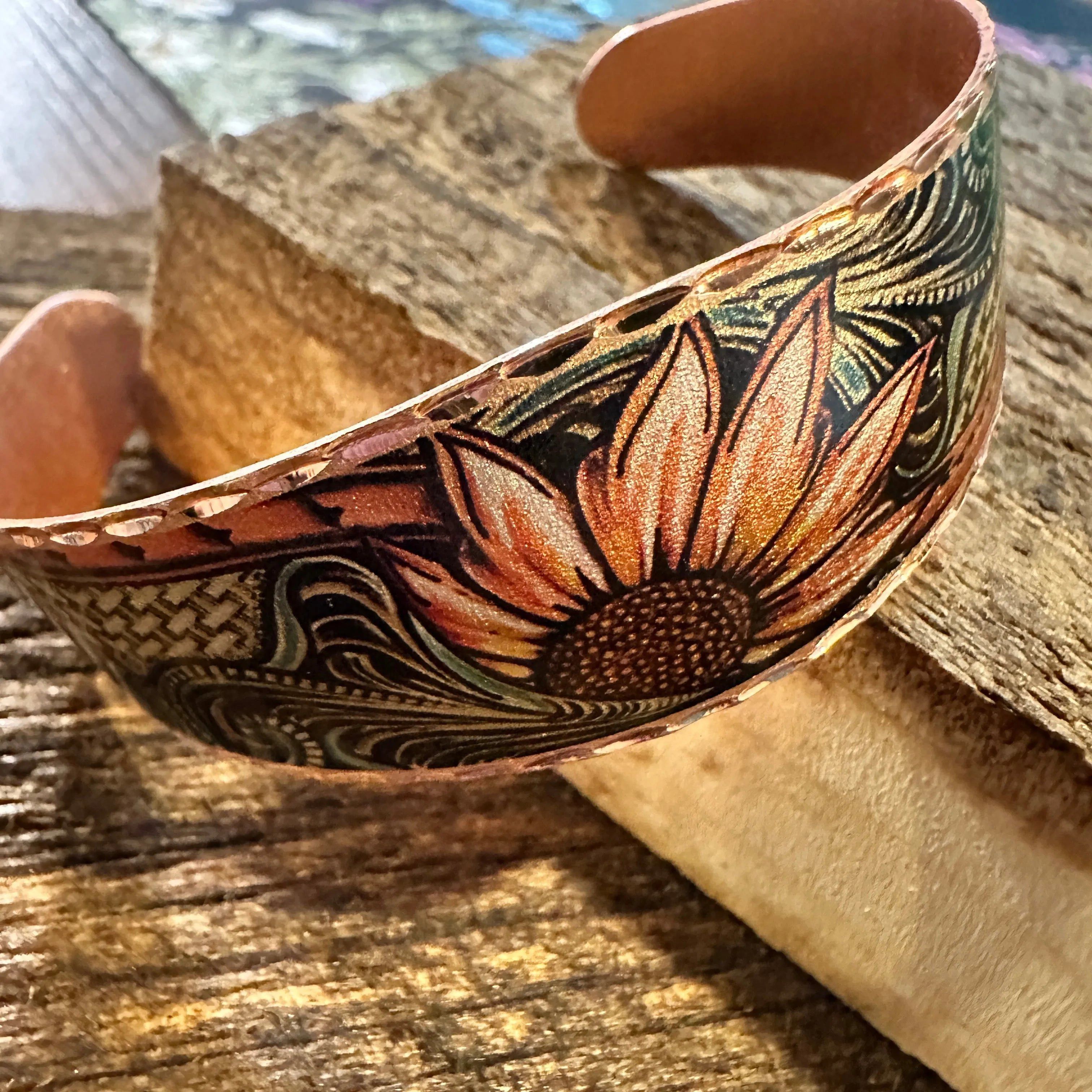 Other Handmade Boho Sunflower Cuff Bracelet, Copper Western Sunflo Size ONE SIZE - 4 Thumbnail