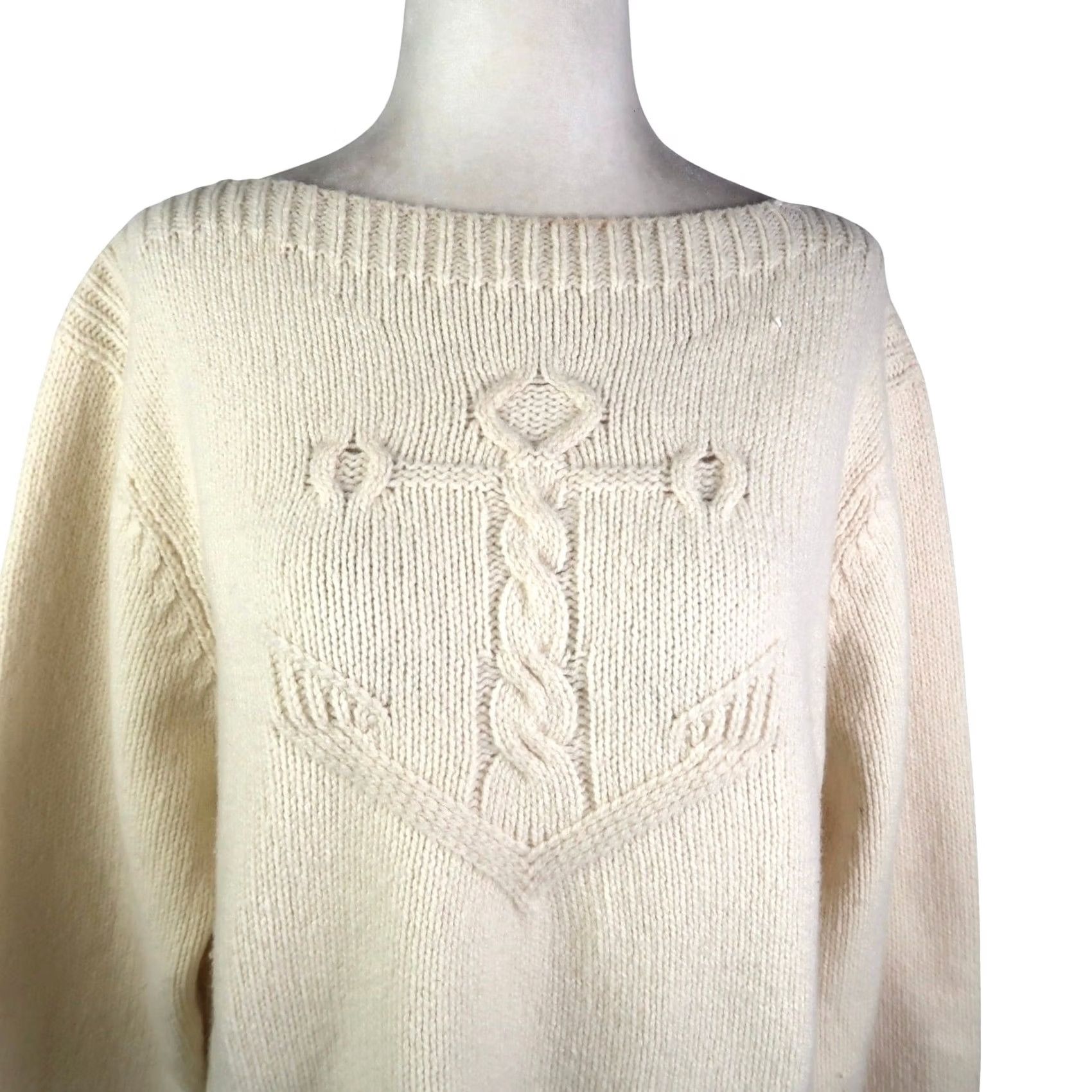 Vintage VINTAGE Fisherman Out Of Ireland Cream Wool Anchor Sweater Womens XL Pullover Knit Wool/Cashmere Navy Marine Nautical Mens? Size XL / US 12-14 / IT 48-50 - 2 Thumbnail