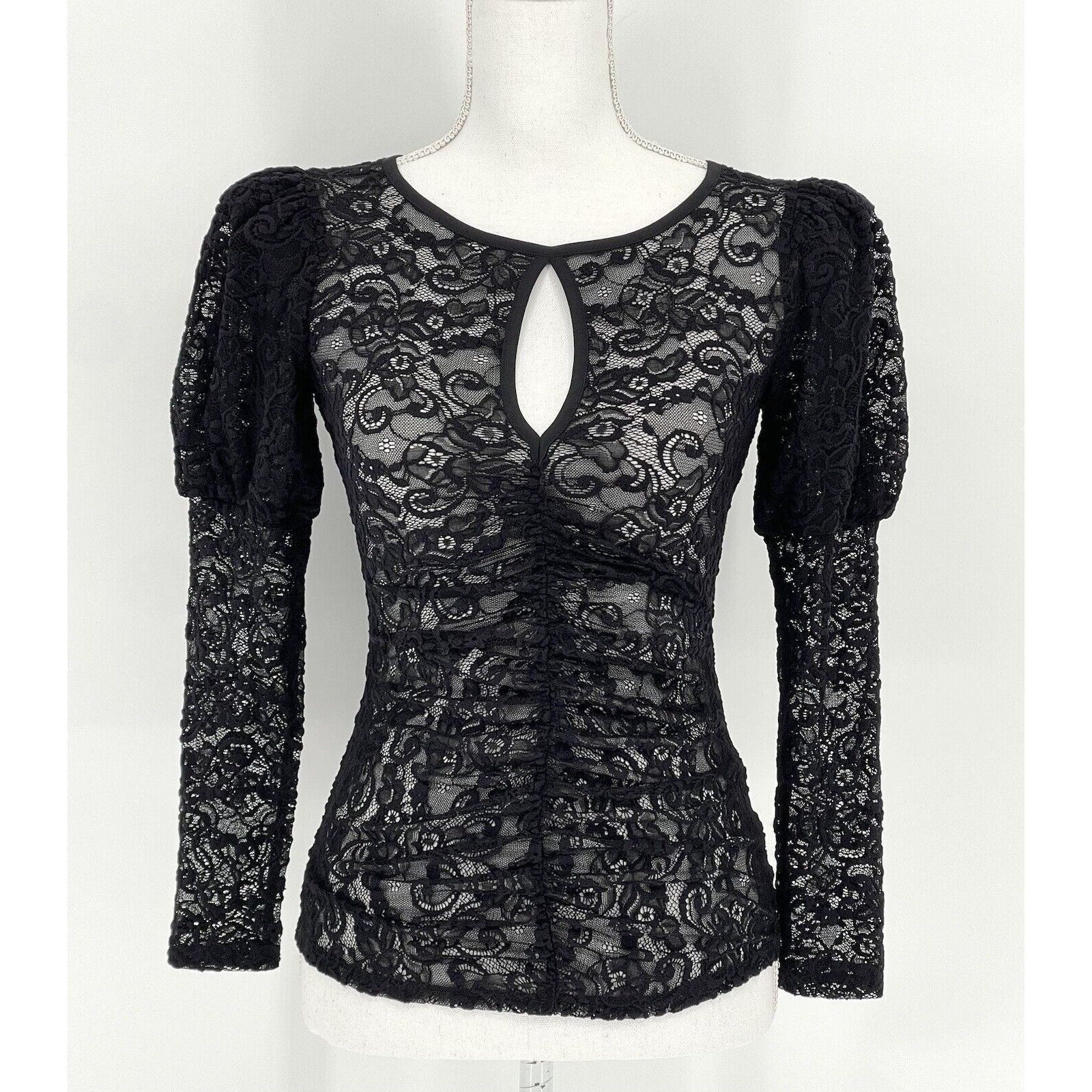 SMYTHE Smythe Juliet Keyhole Black Lace Blouse Long Puff Sleeve Ruc Size S / US 4 / IT 40 - 1 Thumbnail